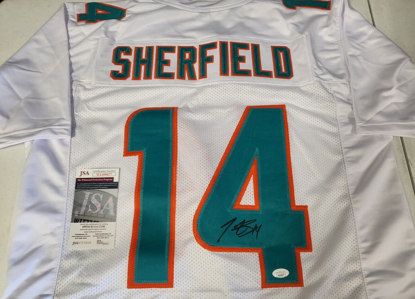 TRENT SHERFIELD #14 MIAMI SIGNED AUTOGRAPH CUSTOM WHITE JERSEY SIZE XL JSA COA