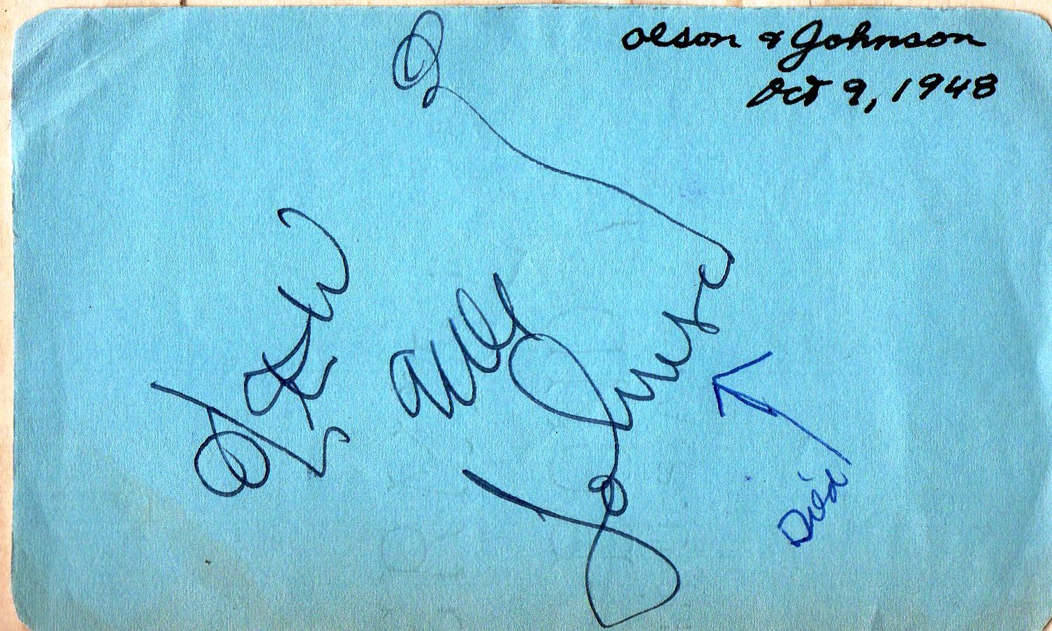 Ole Olsen & Chic Johnson hand SIGNED album page 30's comedians Hellzapoppin!
