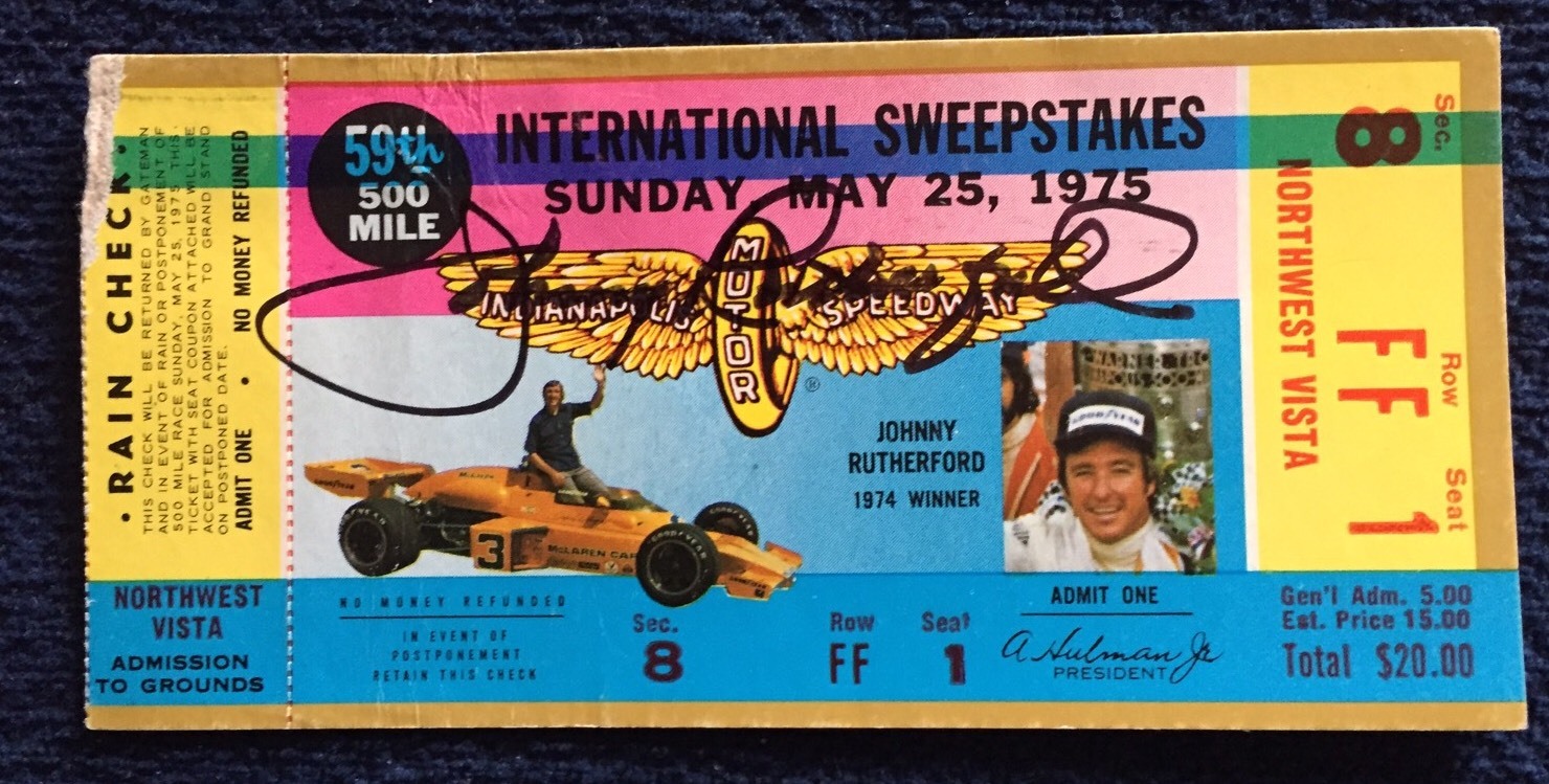 Johnny Rutherford (1974 Winner) Signed Indianapolis Indy 500 Ticket 1975 Auto
