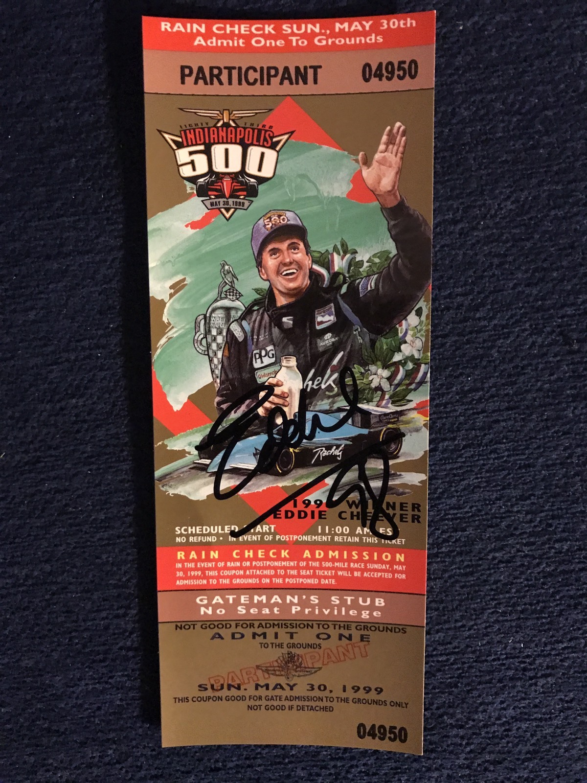 Eddie Cheever Jr 1998 Winner Signed Indianapolis Indy 500 Ticket 1999 Race Auto
