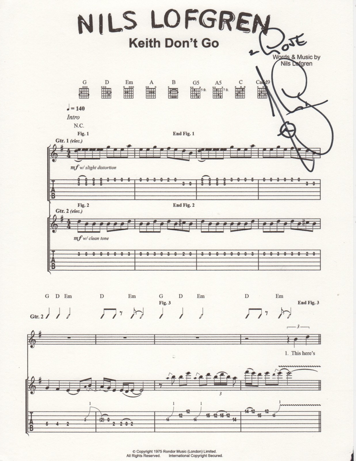 Nils Lofgren SIGNED Keith Don't Go sheet music COA E-Street band Springsteen

