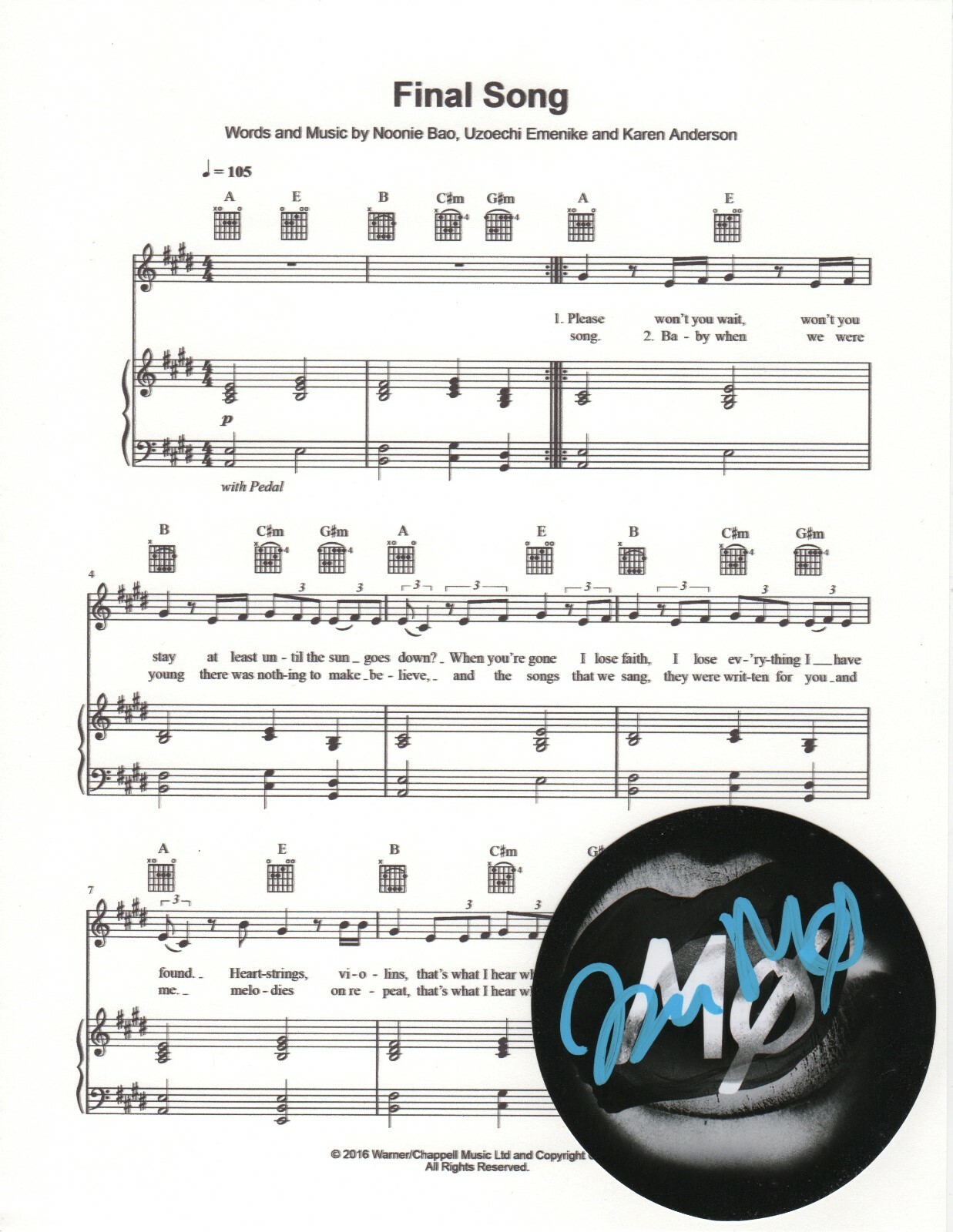 MØ Karen Marie Aagaard Ørsted Andersen SIGNED Final Song sheet music #3 COA MO
