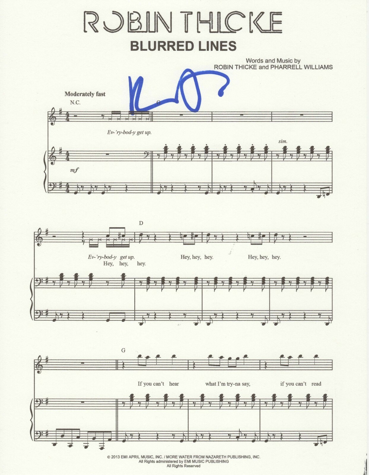 Robin Thicke REAL hand SIGNED Blurred Lines Sheet Music #2 COA Autographed
