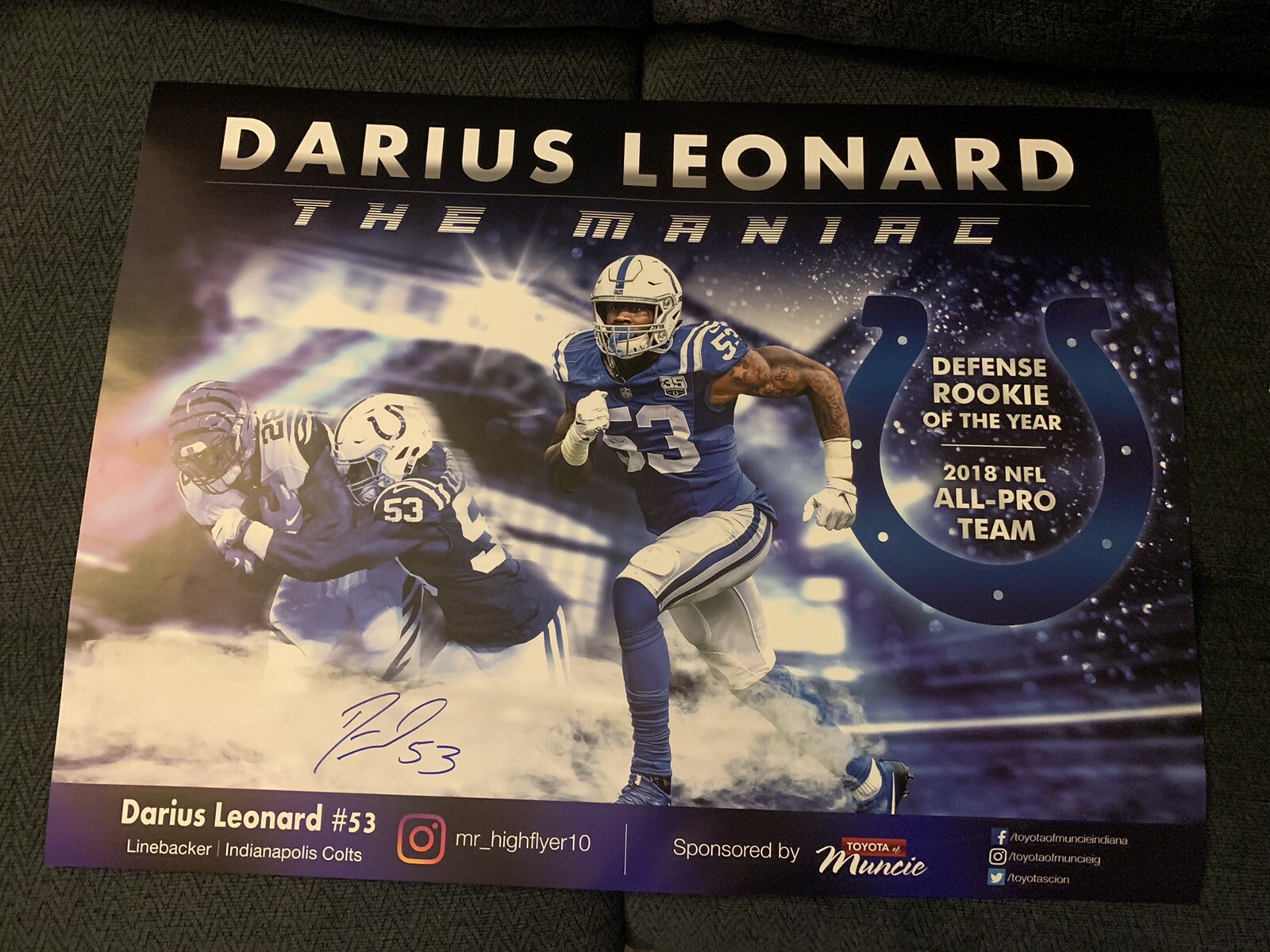 Darius Leonard Poster Indianapolis Colts Poster Signed In Person Autographed
