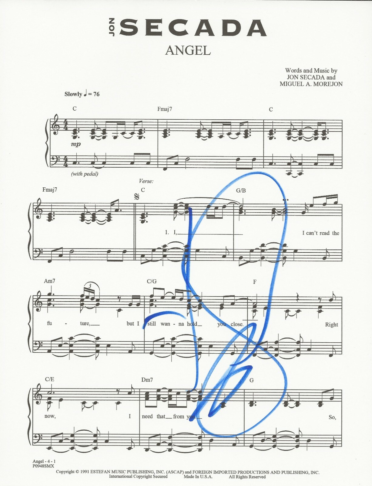 Jon Secada REAL hand SIGNED Angel novelty sheet music COA Autographed
