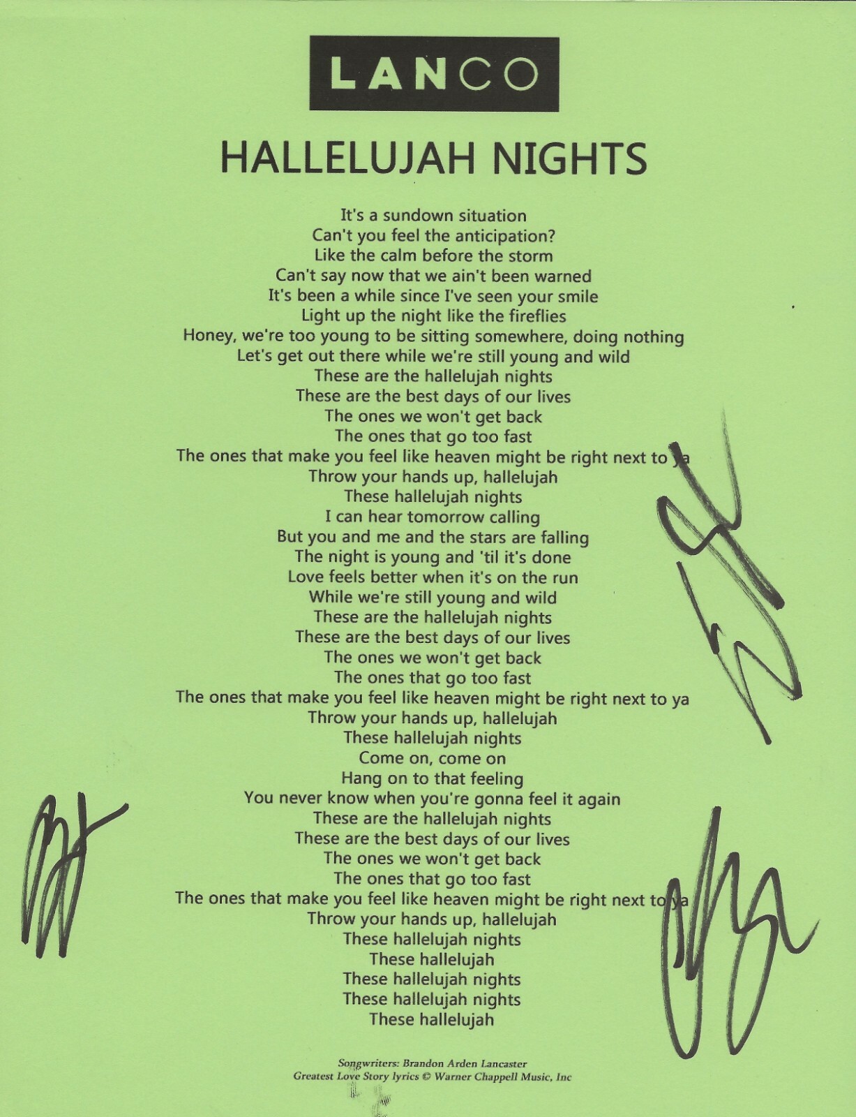 Lanco REAL SIGNED Hallelujah Nights Lyric Sheet #2 COA by Brandon Chandler Eric
