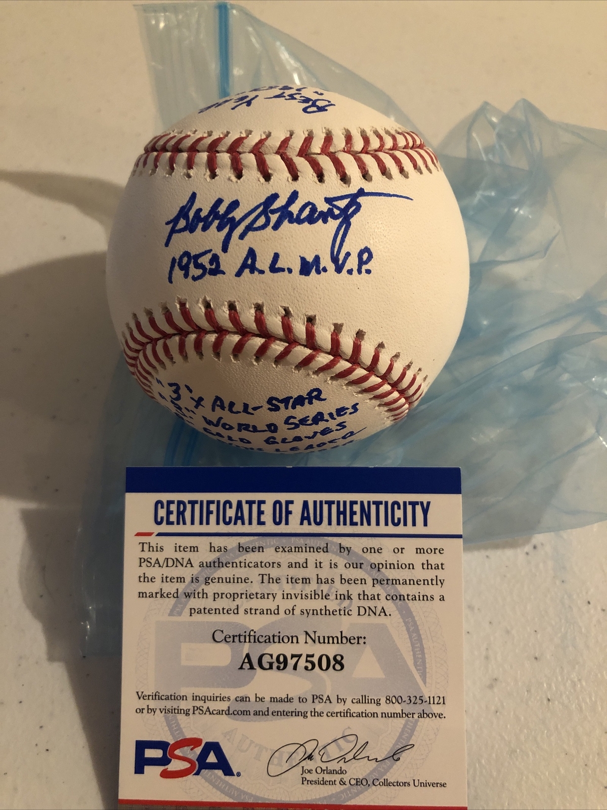 BOBBY SHANTZ SIGNED AUTOGRAPH STAT BASEBALL ROMLB YANKEES ATHLETICS 1952 MVP