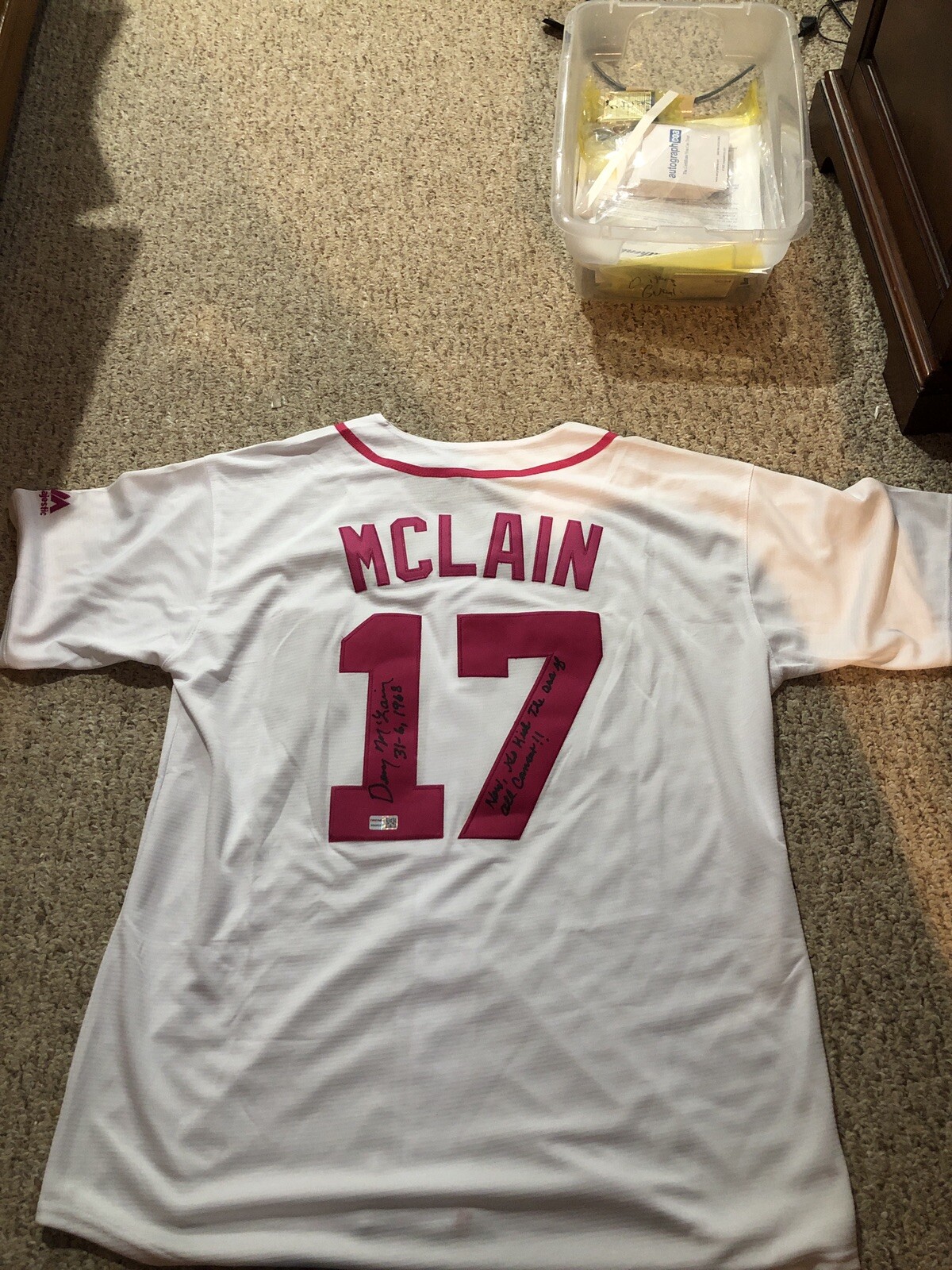 DETROIT TIGERS- DENNY MCLAIN SIGNED AUTOGRAPH CANCER JERSEY TRISTAR COA INSCRIPS