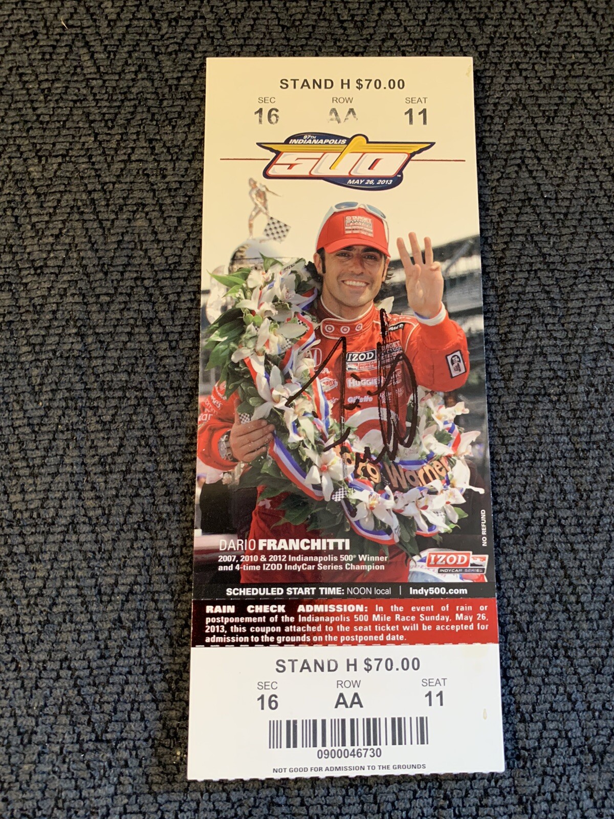 Dario Franchitti (2012 Winner) Signed Indianapolis Indy 500 Ticket 2013 Race
