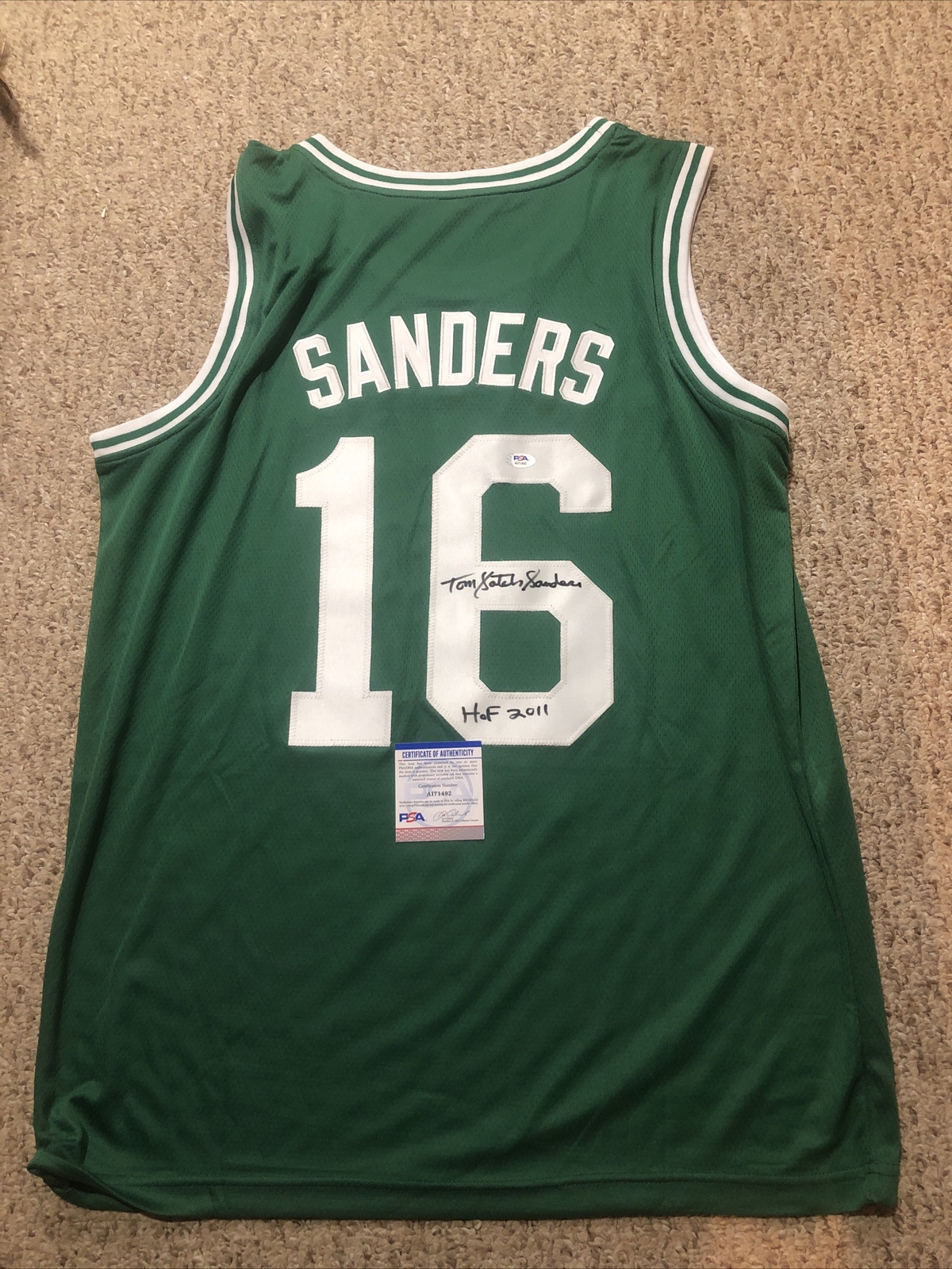 BOSTON CELTICS- TOM SATCH SANDERS SIGNED AUTOGRAPH JERSEY HOF 2011 PSA COA