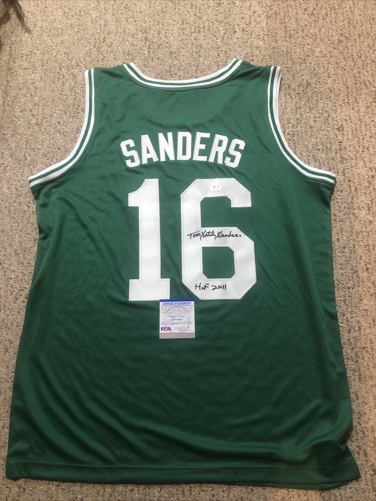 BOSTON CELTICS- TOM SATCH SANDERS SIGNED AUTOGRAPH JERSEY HOF 2011 PSA COA