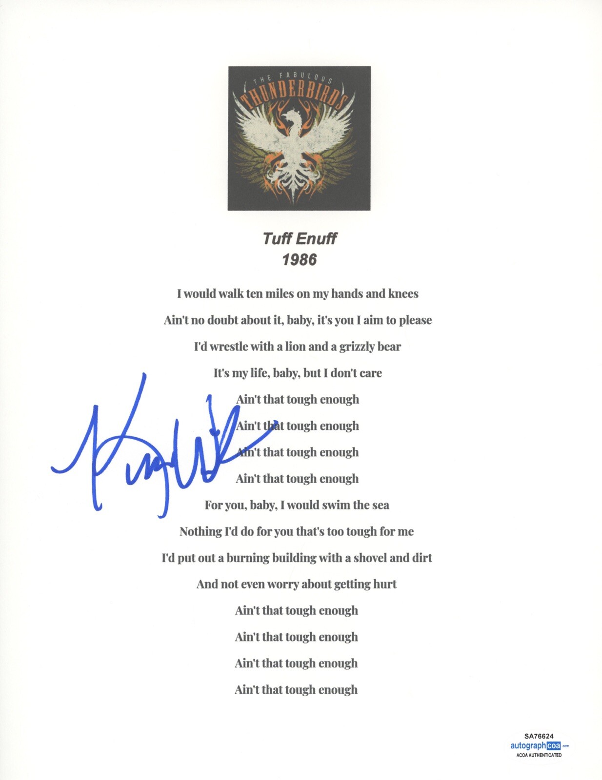 KIM WILSON FABULOUS THUNDERBIRDS SIGNED AUTOGRAPH TUFF ENUFF LYRIC SHEET ACOA