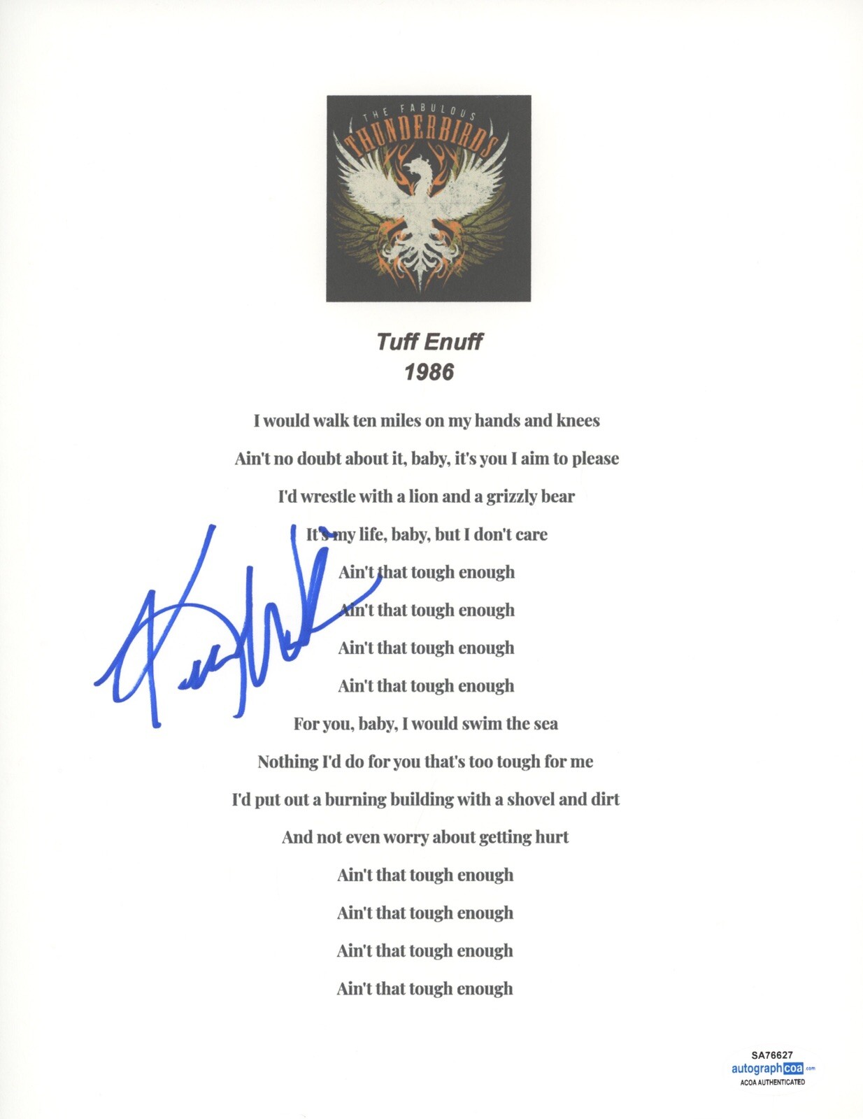 KIM WILSON FABULOUS THUNDERBIRDS SIGNED AUTOGRAPH TUFF ENUFF LYRIC SHEET ACOA