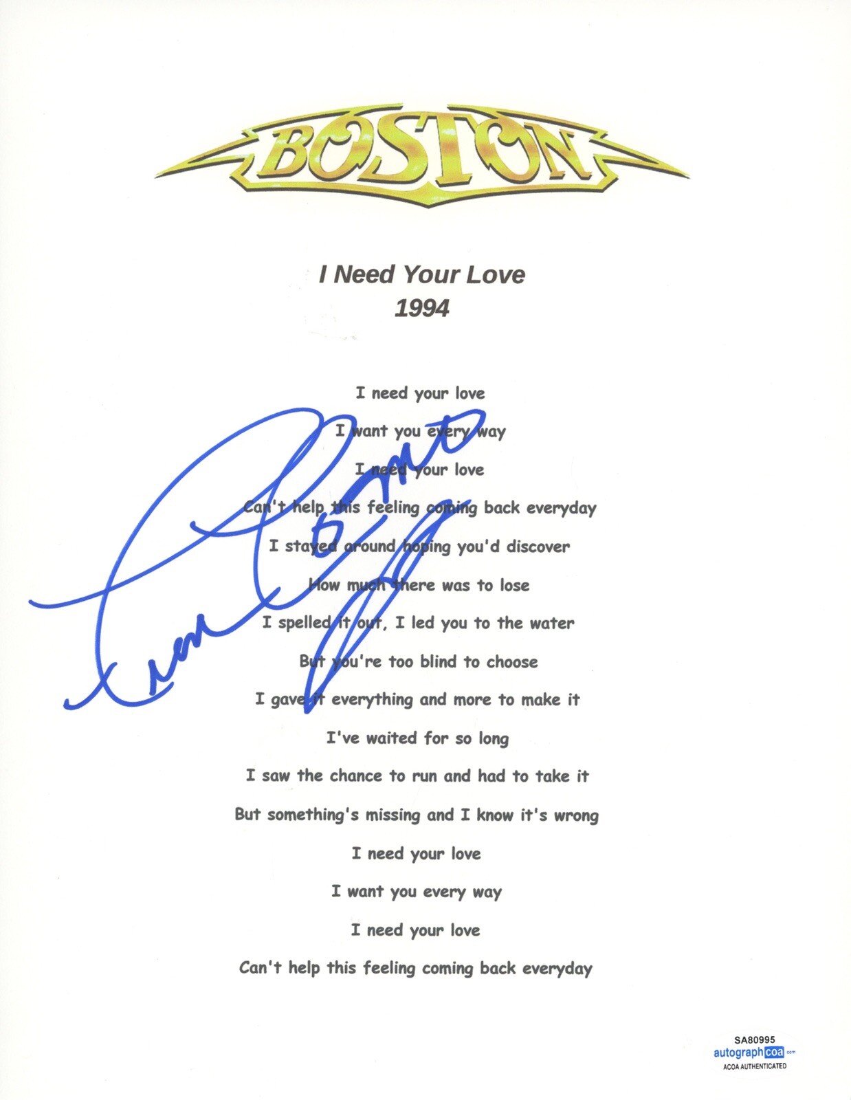 FRAN COSMO BOSTON SIGNED AUTOGRAPH LYRIC SHEET ACOA COA I NEED YOUR LOVE