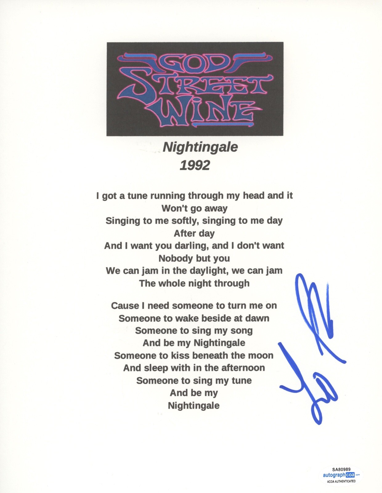 LO FABER GOD STREET WINE SIGNED AUTOGRAPH LYRIC SHEET ACOA NIGHTINGALE