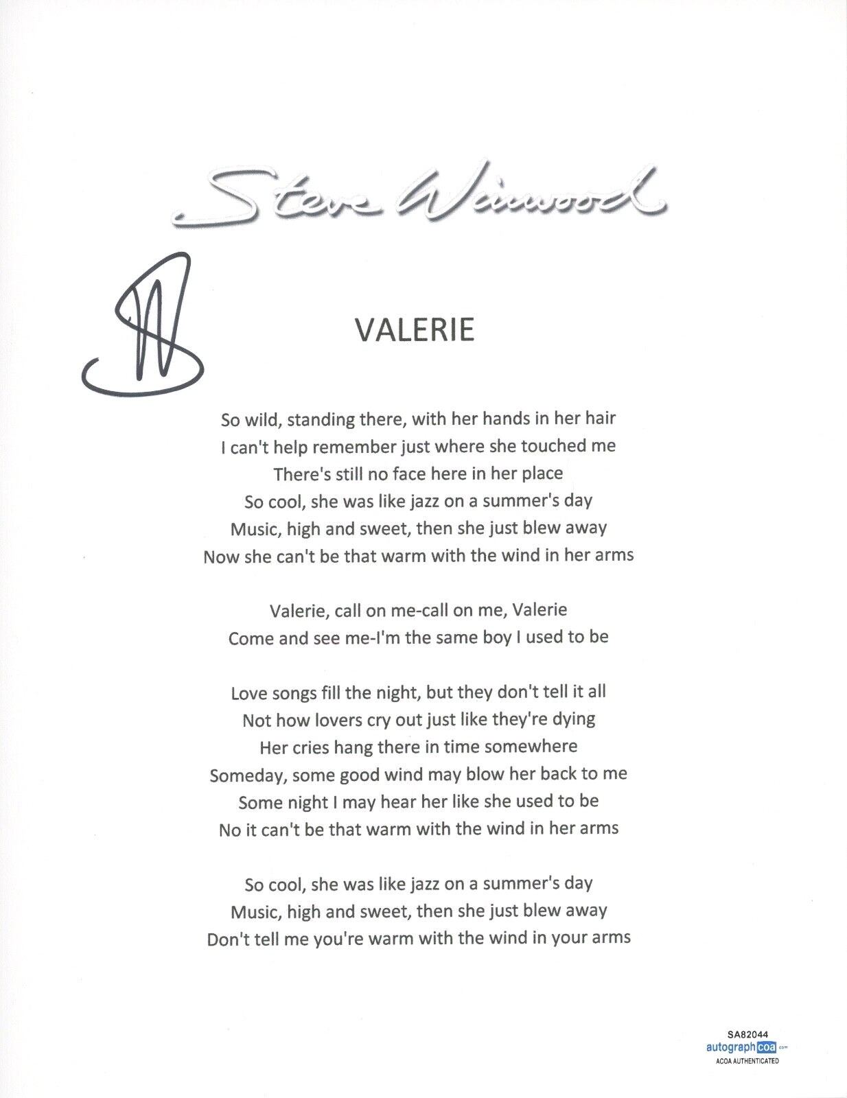 Steve Winwood Signed Autographed Valerie Song Lyric Sheet Traffic ACOA COA