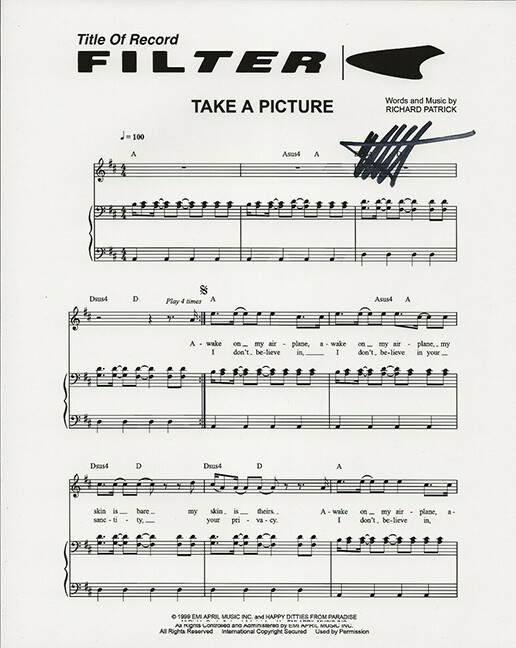 Richard Patrick of FILTER band REAL hand SIGNED Take A Picture Sheet Music COA
