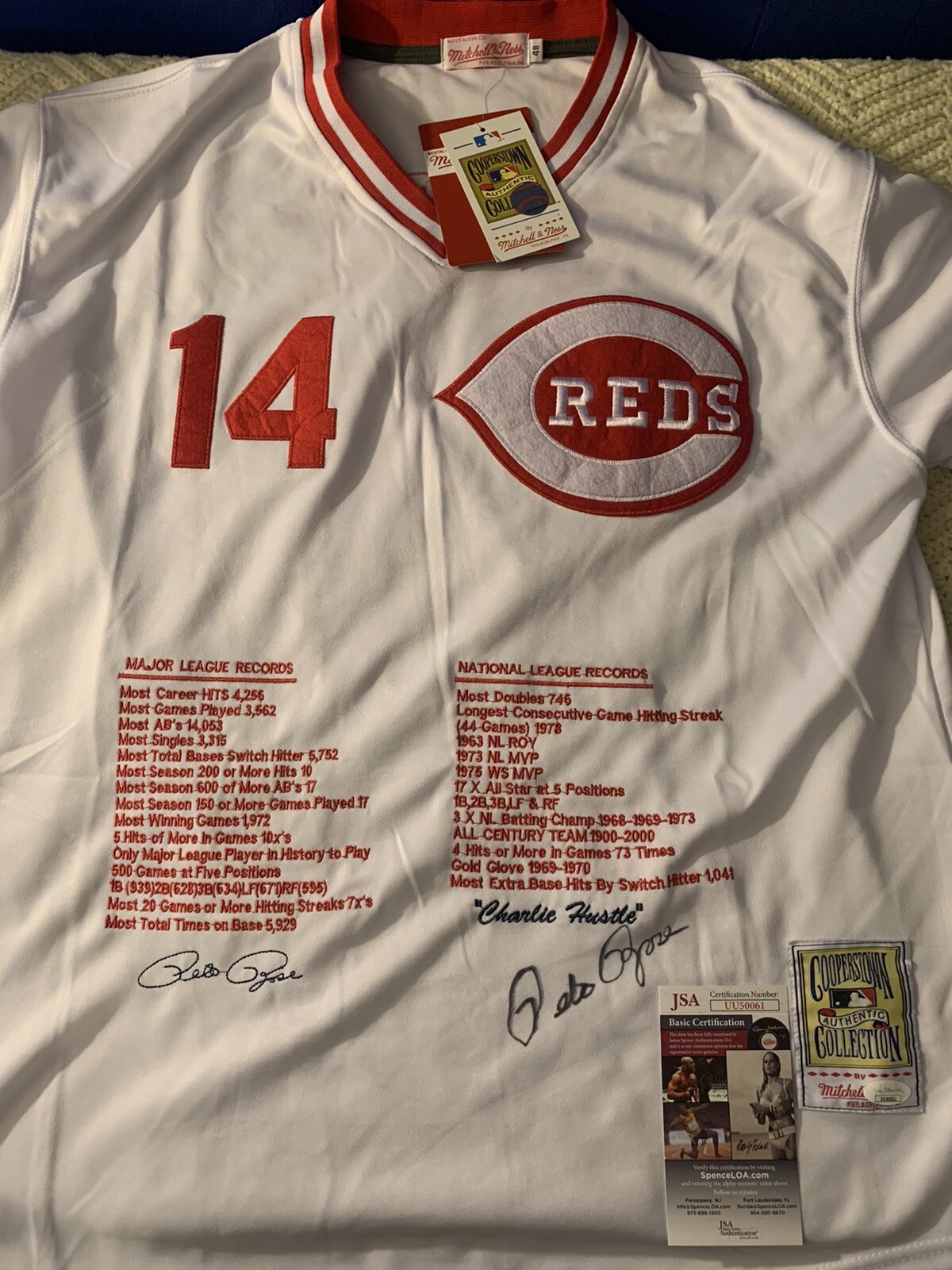 Pete Rose SIGNED Reds Stat Jersey Stitched XL JSA Authentication COA
