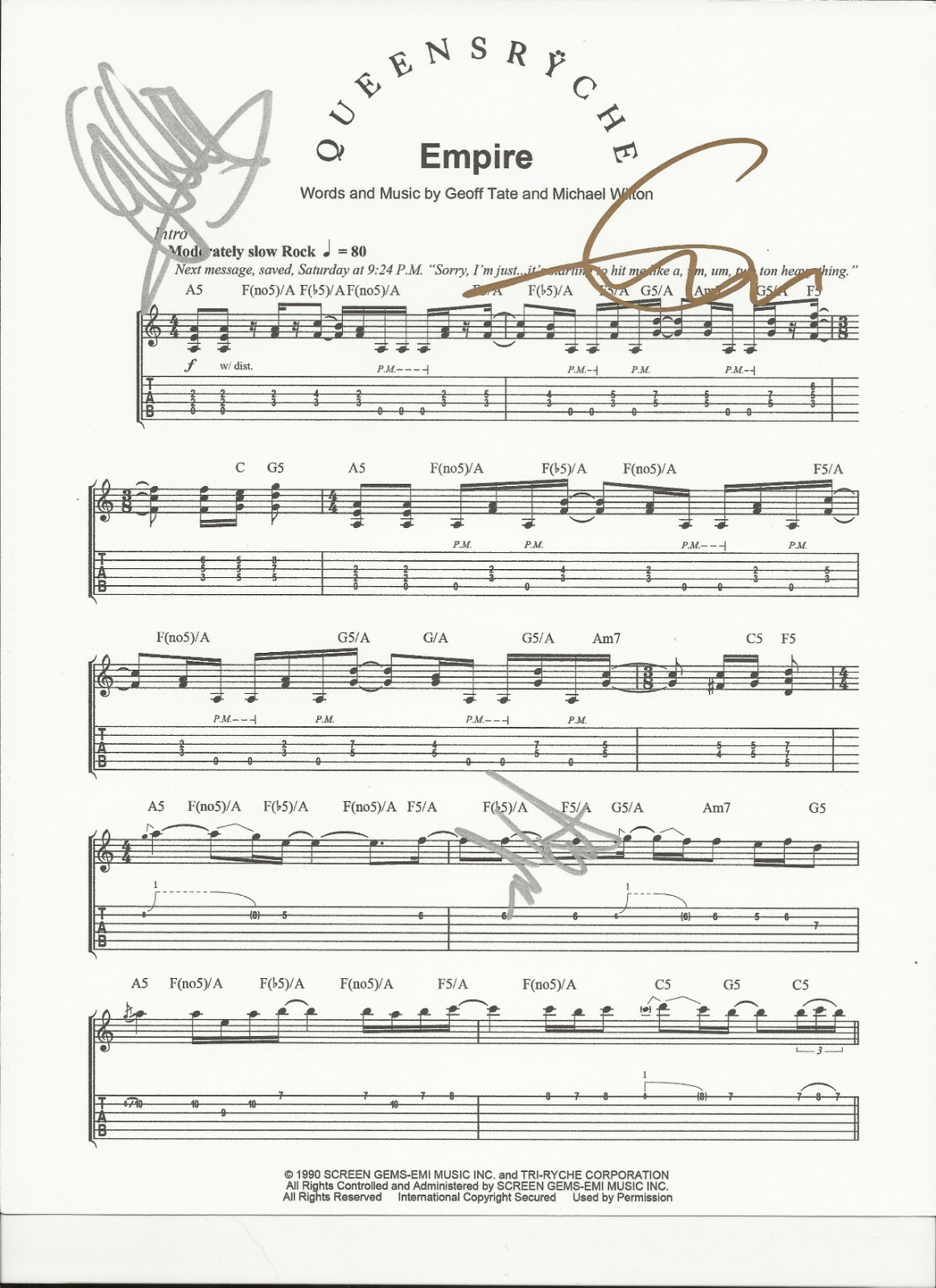 Queensryche REAL SIGNED Empire Sheet Music COA Autographed Geoff Michael Eddie
