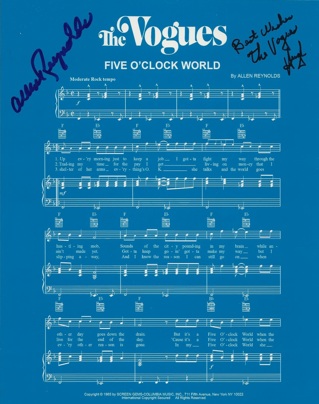Hugh Geyer & Allen Reynold SIGNED The Vogues Five O'Clock World Sheet Music COA
