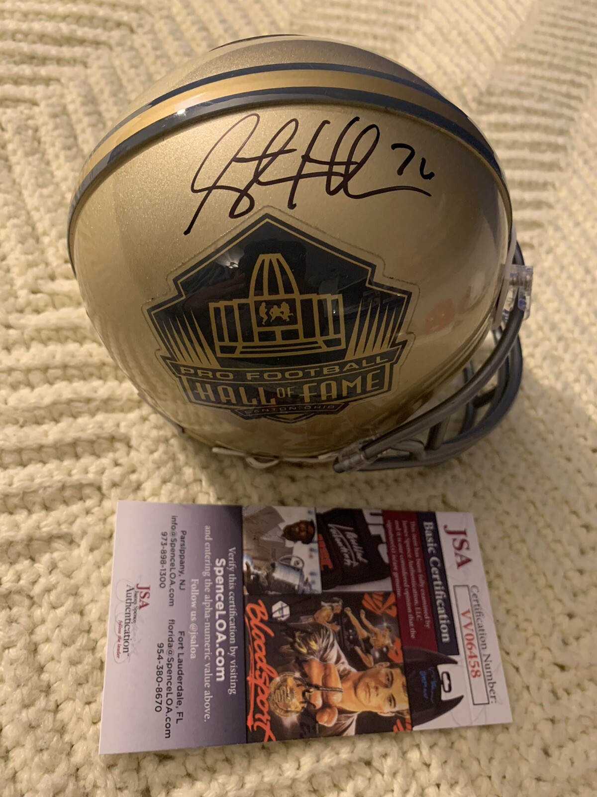 Steve Hutchinson Signed Gold Hall Of Fame Mini Helmet JSA Authentication COA
