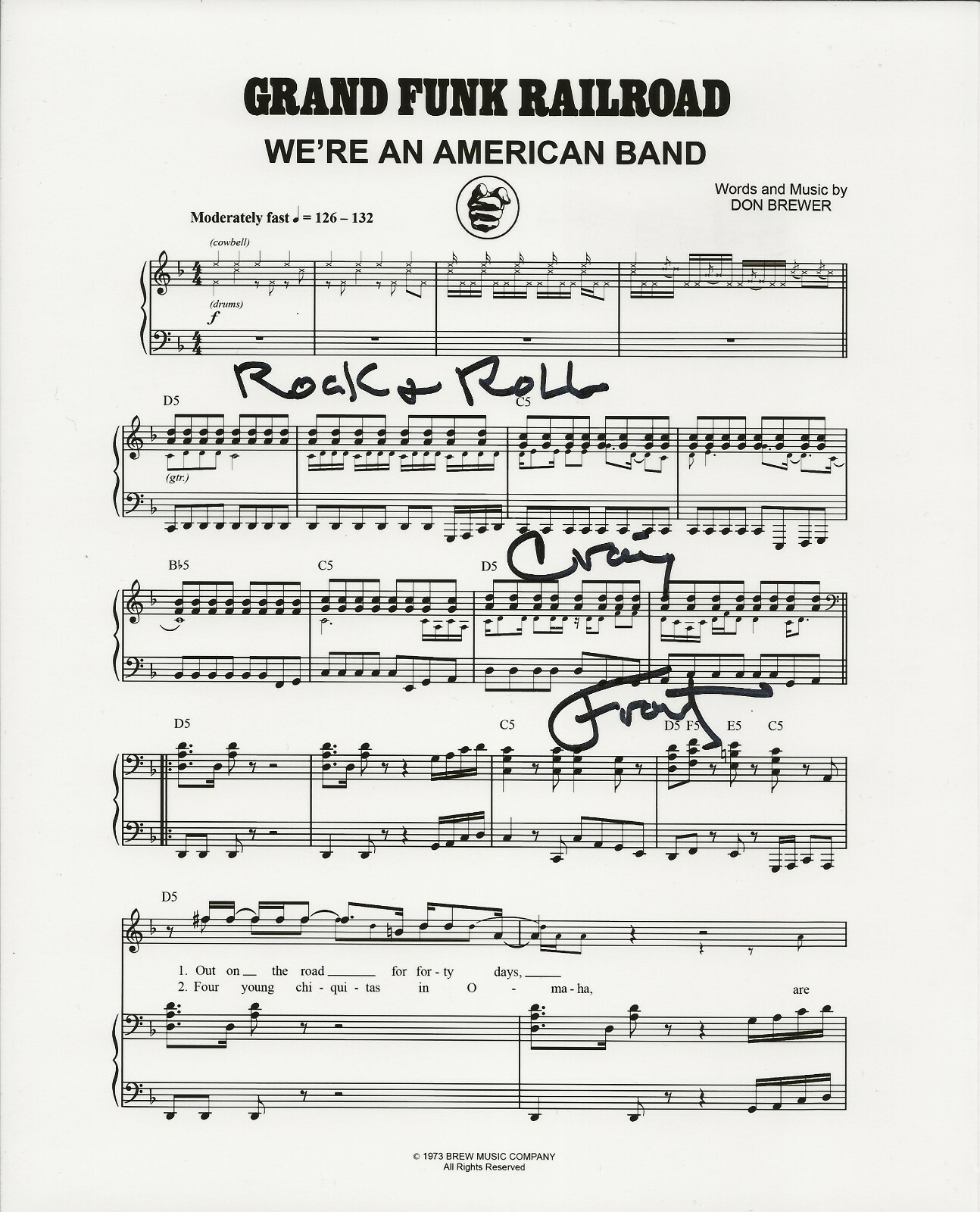 Craig Frost of Grand Funk Railroad SIGNED We're An American Band Sheet Music COA
