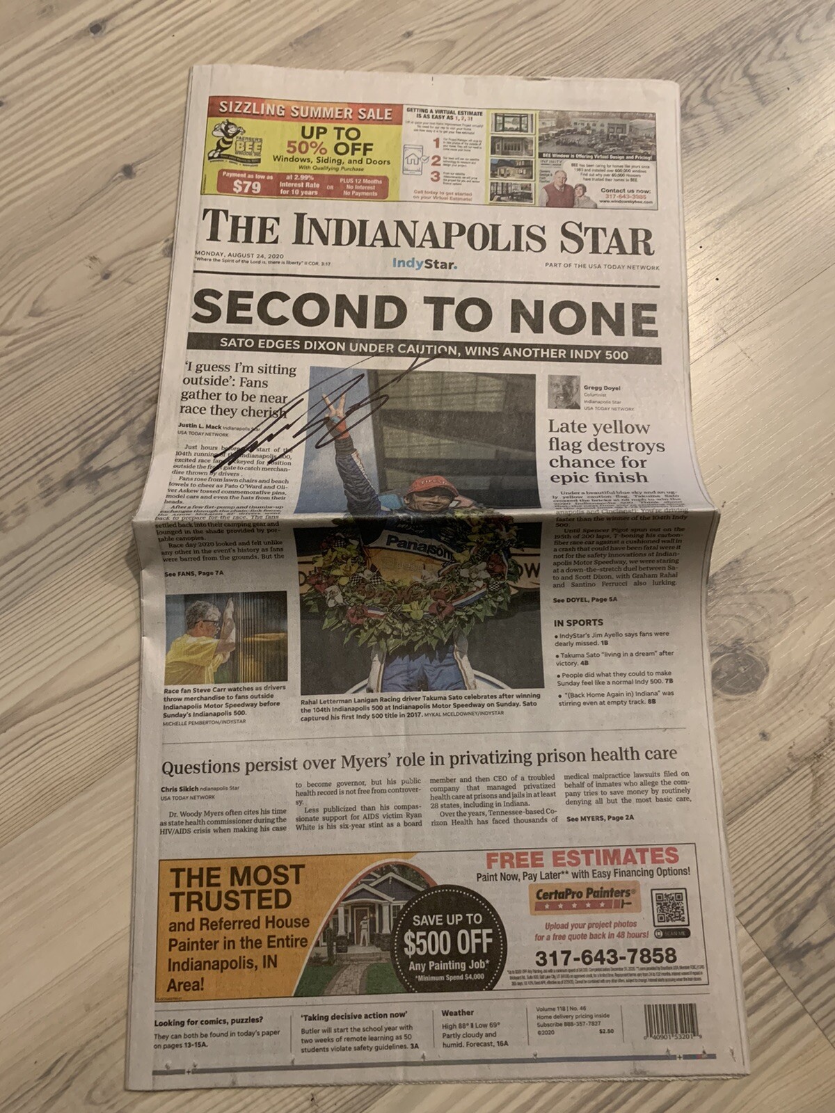 2 Dif 2020 Indy 500 Winner Takuma Sato Signed Newspapers Indianapolis Star Auto
