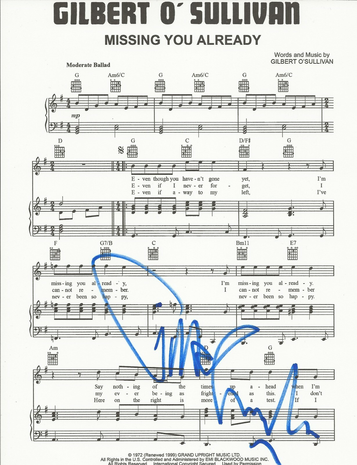 Gilbert O'Sullivan REAL SIGNED Missing You Already Sheet Music COA Autographed
