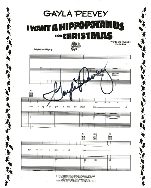 Gayla Peevey REAL SIGNED I Want A Hippopotamus For Christmas Sheet Music COA
