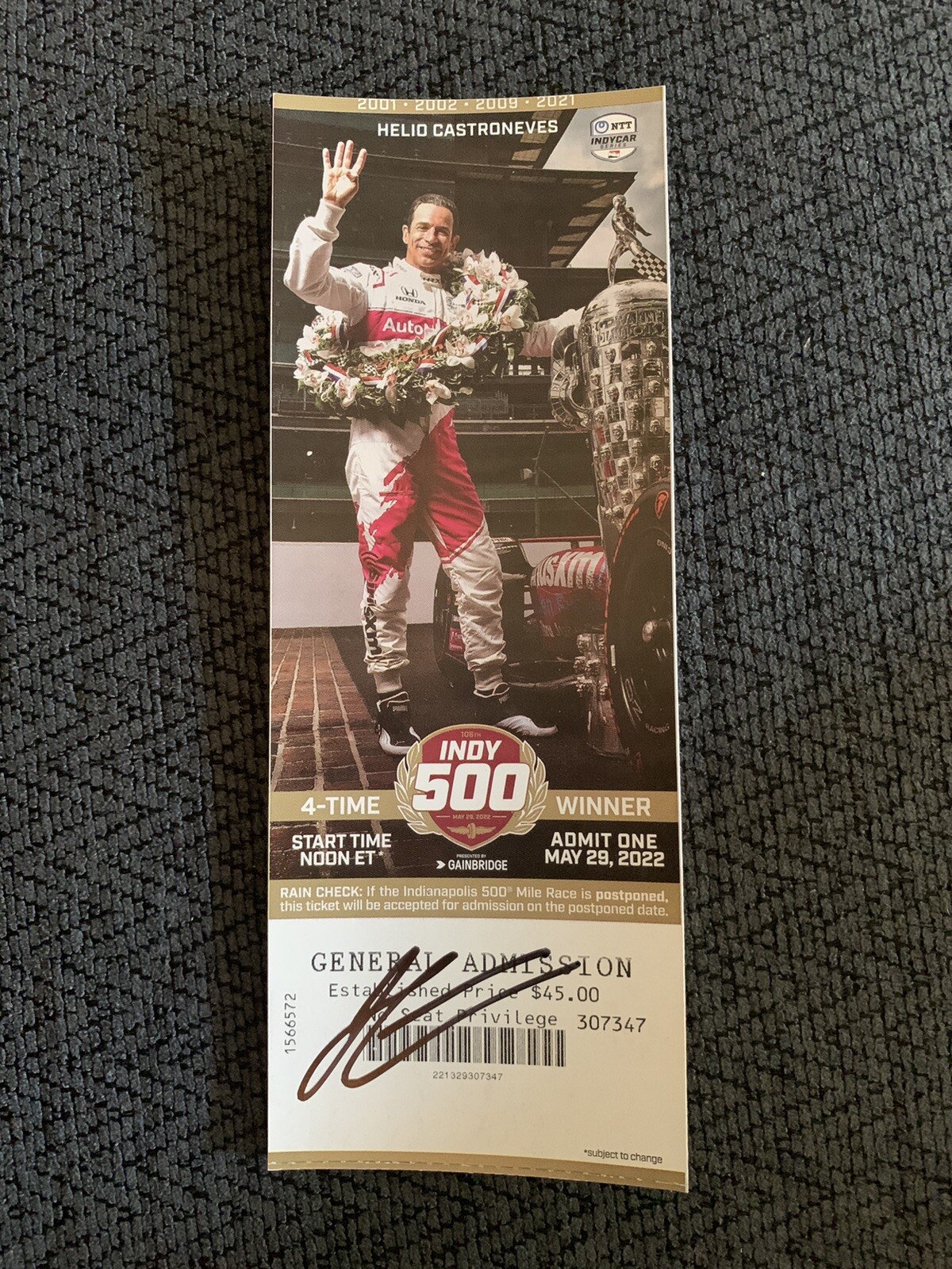 Helio Castroneves (2021 Winner) Signed Indianapolis Indy 500 Ticket 2022 Race
