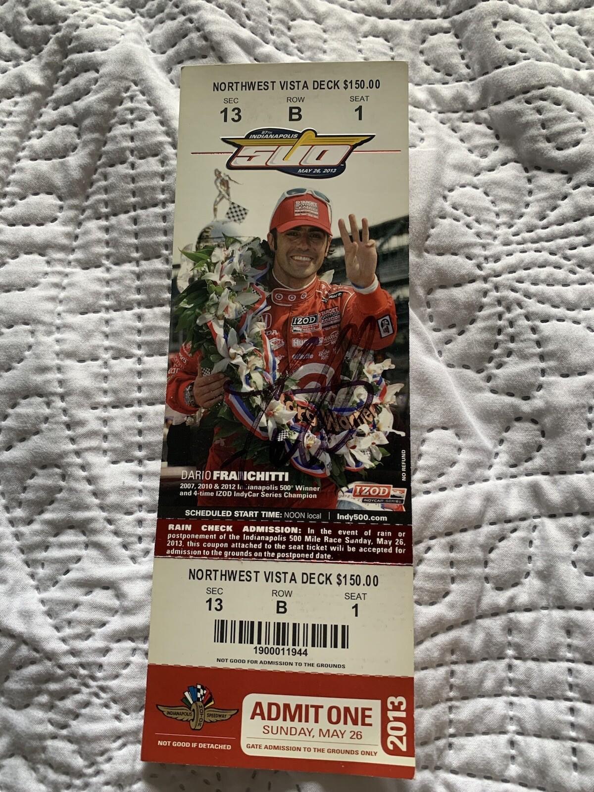 Dario Franchitti (2012 Winner) Signed Indianapolis Indy 500 Ticket 2013 Race
