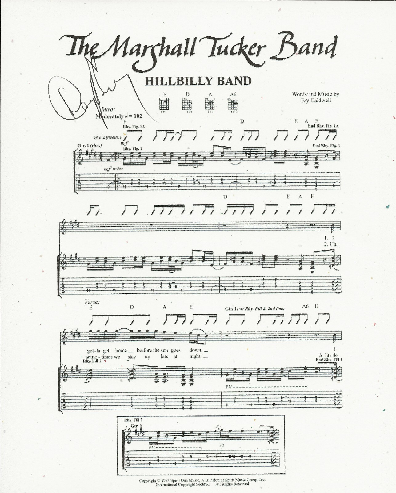 Doug Gray of Marshall Tucker Band SIGNED HillBilly Band Sheet Music COA
