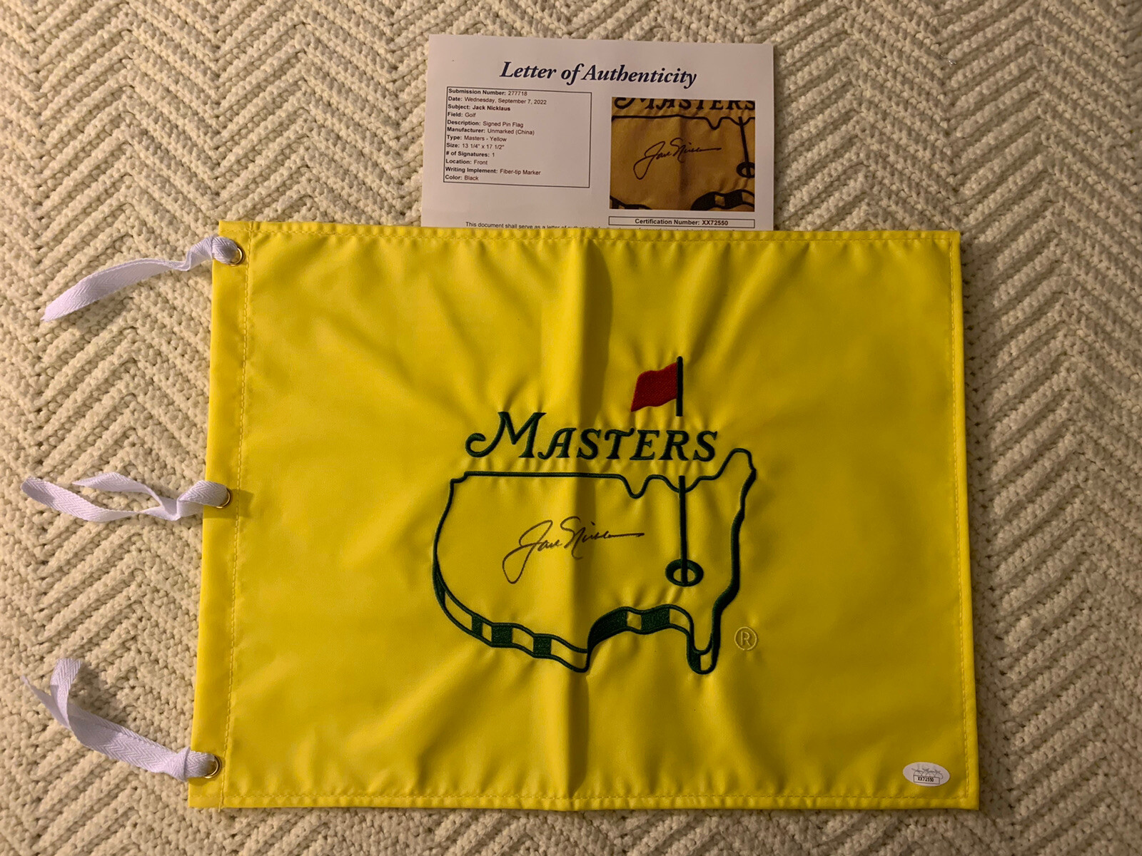 Jack Nicklaus SIGNED Undated Masters Golf Flag Augusta JSA Authenticated LOA COA