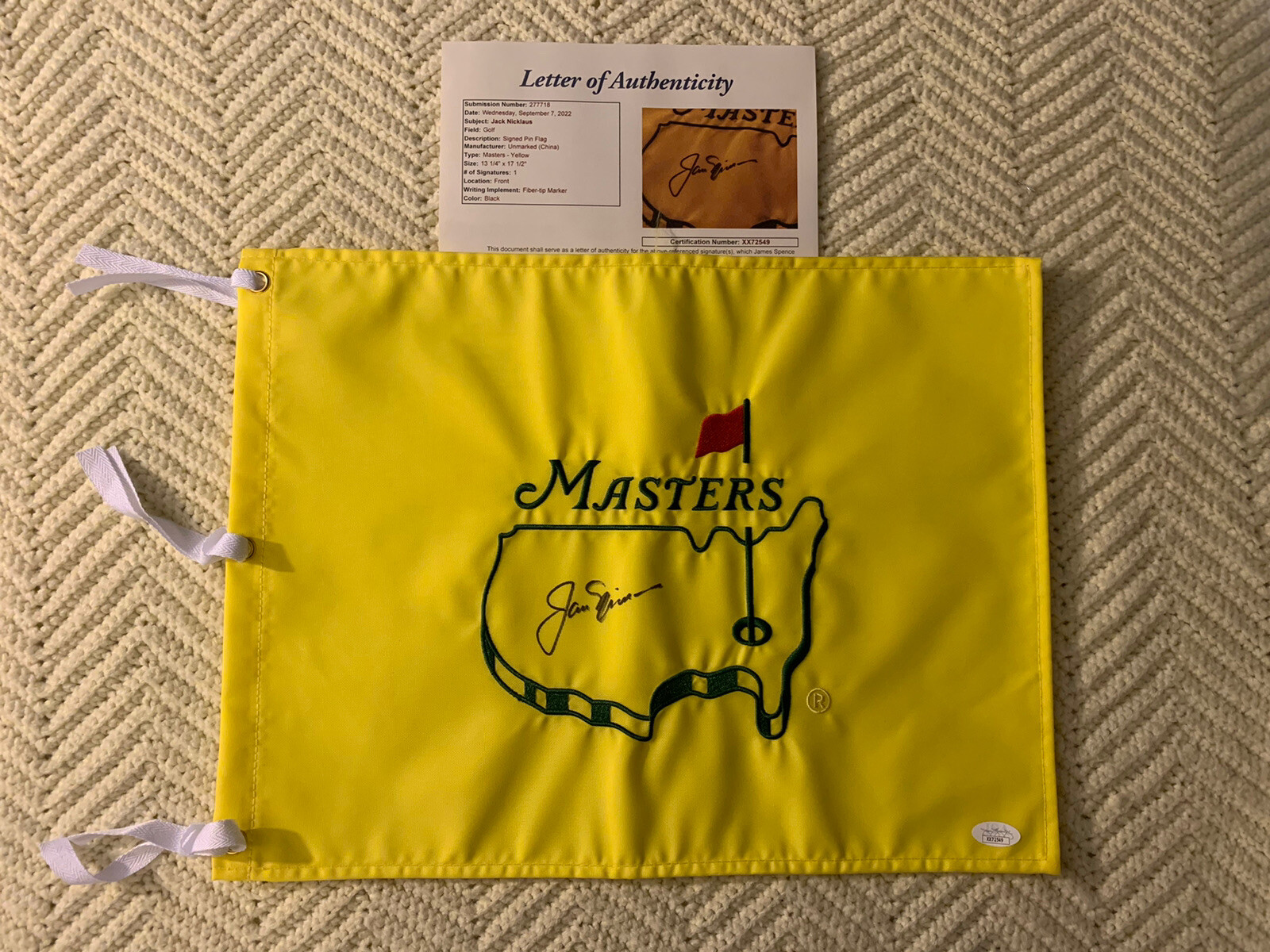 Jack Nicklaus SIGNED Undated Masters Golf Flag Augusta JSA Authenticated LOA COA
