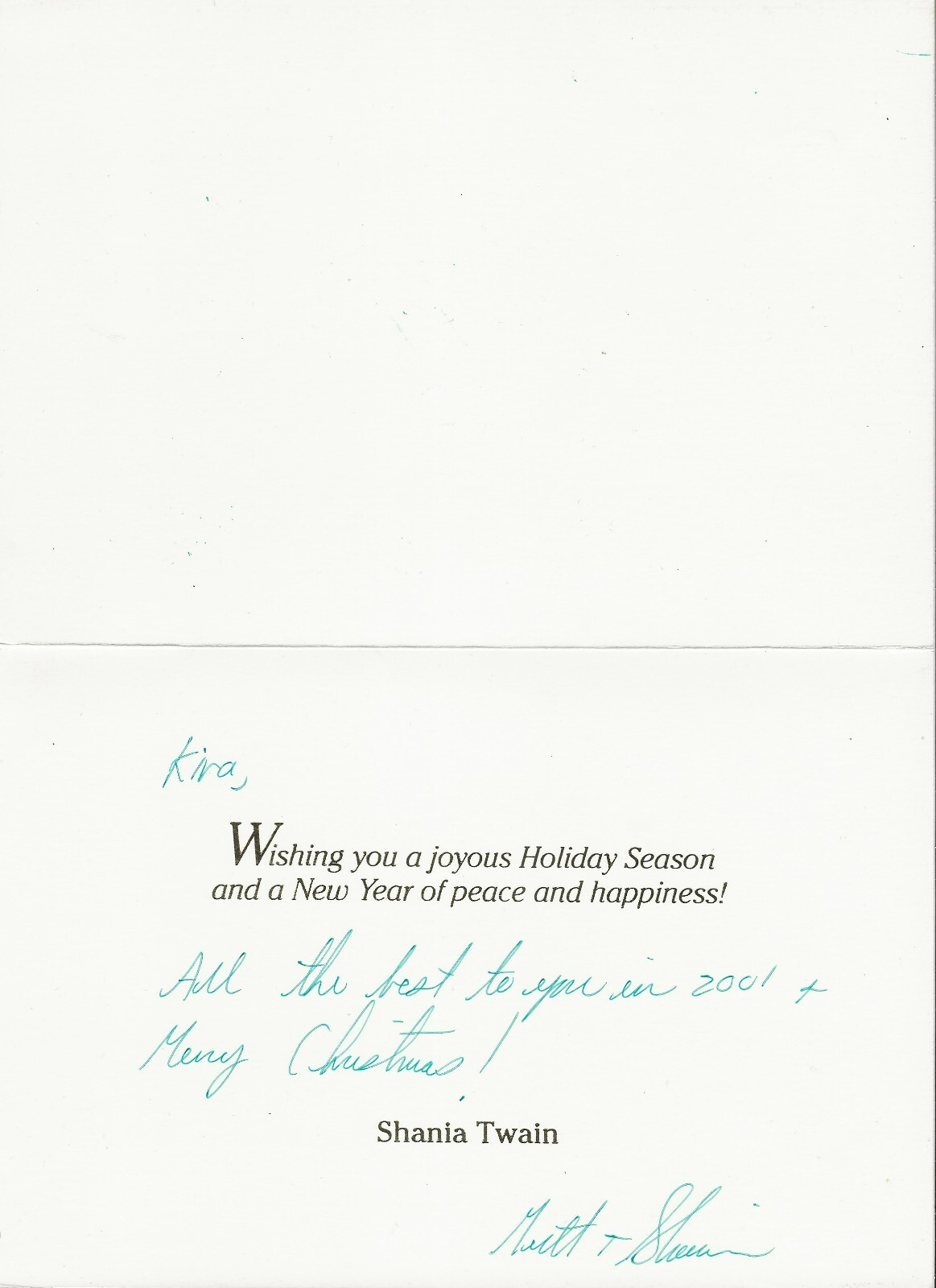 Shania Twain & Mutt Lange REAL hand SIGNED Christmas Card JSA COA Autographed
