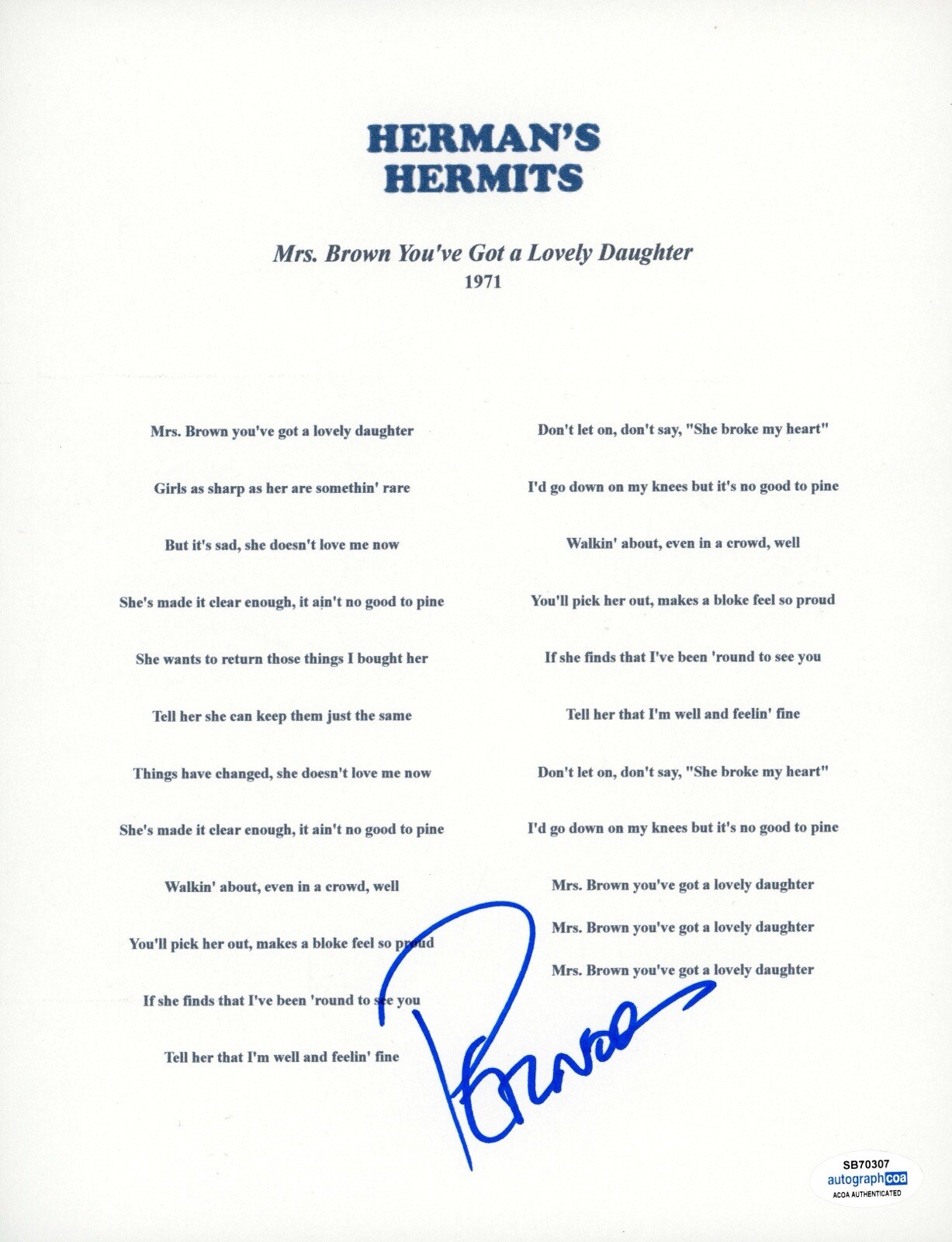 PETER NOONE HERMANS HERMITS SIGNED AUTOGRAPH LYRIC SHEET ACOA