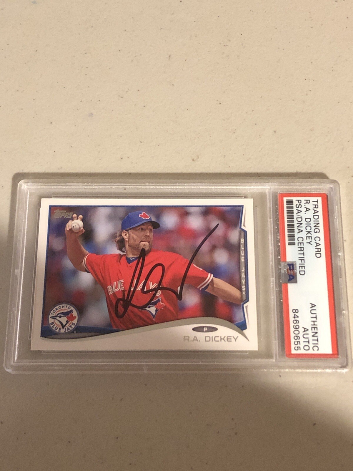 R.A DICKEY 2014 TOPPS SIGNED AUTOGRAPH TRADING CARD PSA COA SLAB BLUE JAYS