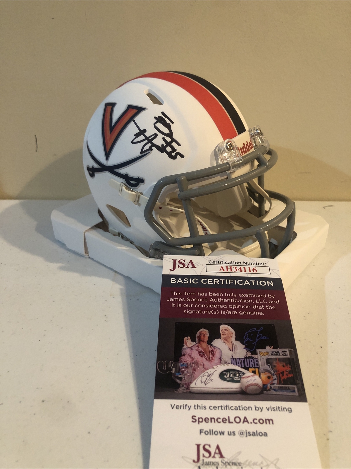 VIRGINIA CAVALIERS- BRENNAN ARMSTRONG SIGNED AUTOGRAPH MINI HELMET JSA COA COLLECTIBLE MEMORABILIA