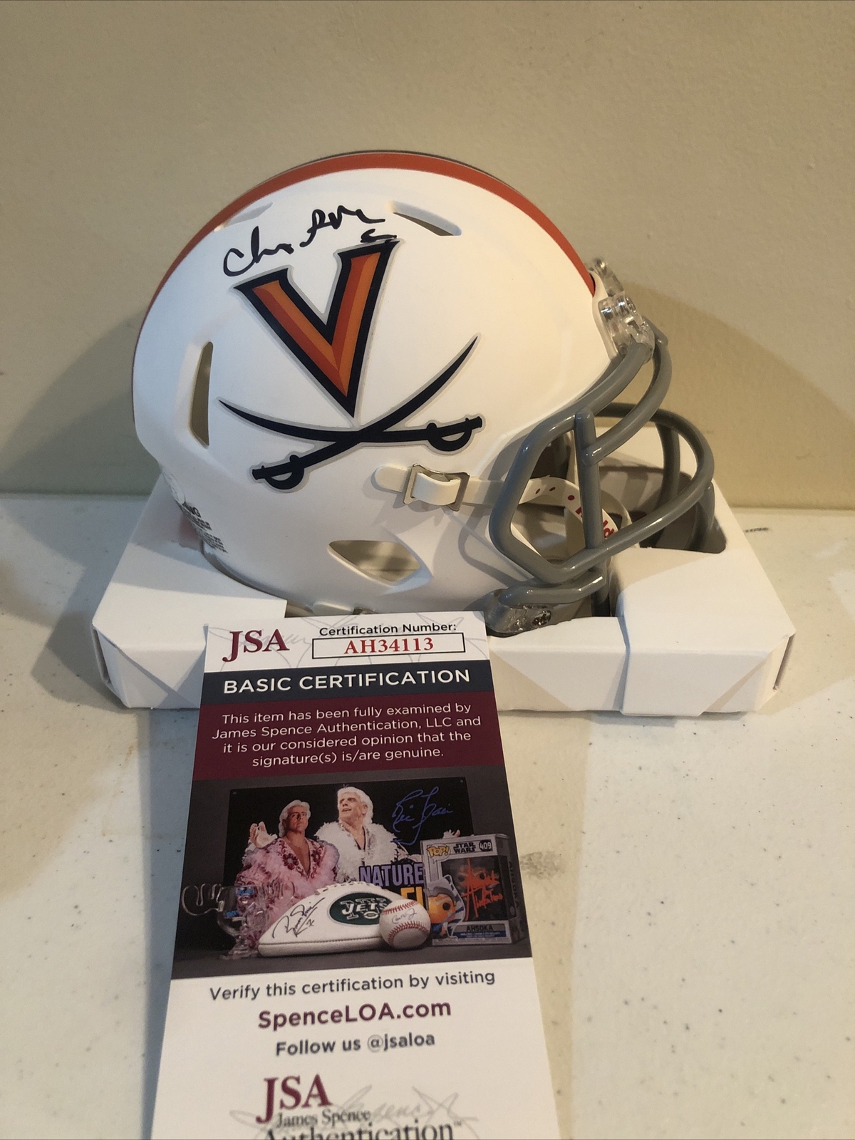VIRGINIA CAVALIERS- CHRIS SLADE SIGNED AUTOGRAPH MINI HELMET JSA COA PATRIOTS COLLECTIBLE MEMORABILIA