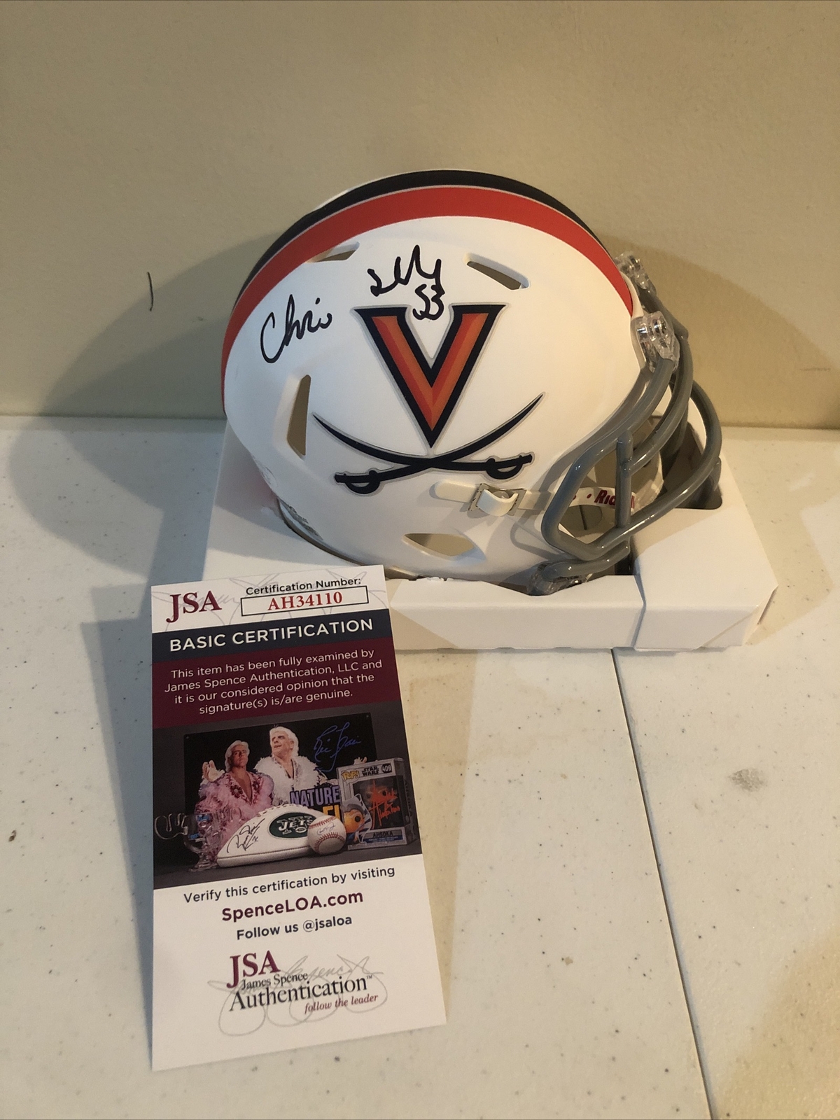 VIRGINIA CAVALIERS- CHRIS SLADE SIGNED AUTOGRAPH MINI HELMET JSA COA PATRIOTS COLLECTIBLE MEMORABILIA