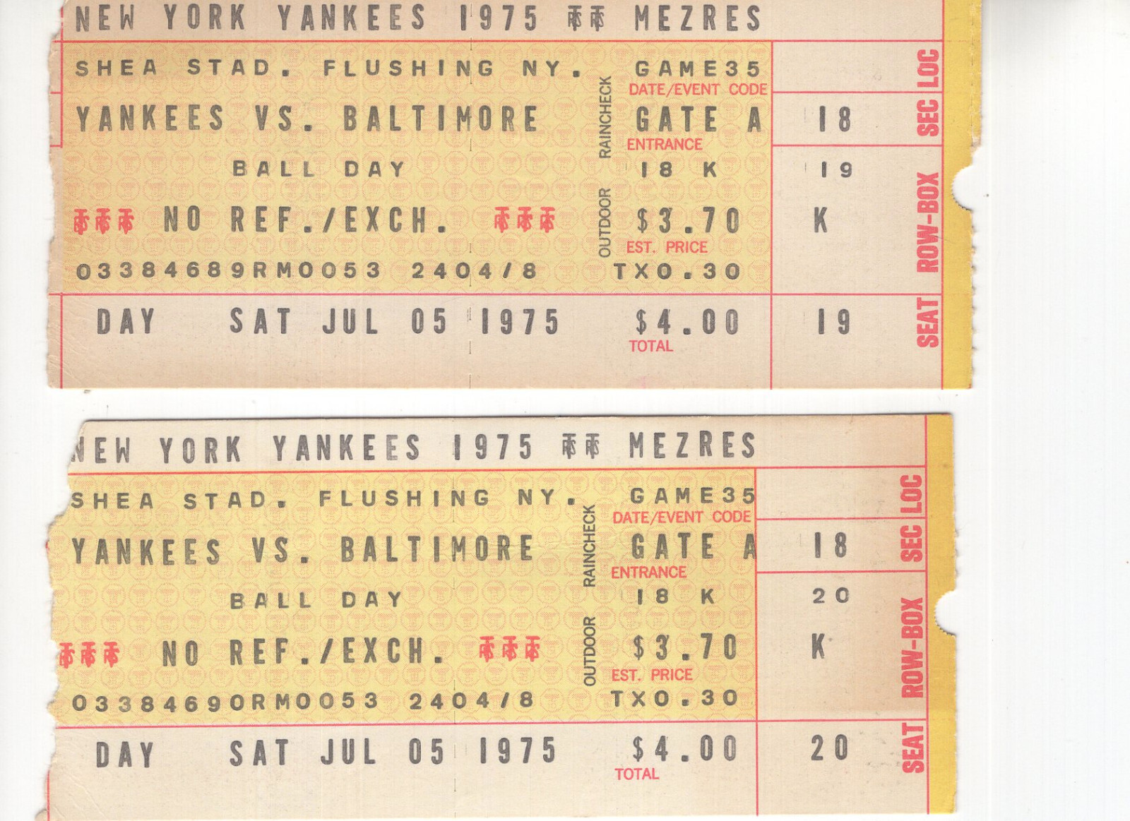 YANKEES VS ORIOLES LOT OF 2 USED TICKET STUBS FROM BALL DAY 1975 MUNSON 2 RBI COLLECTIBLE MEMORABILIA