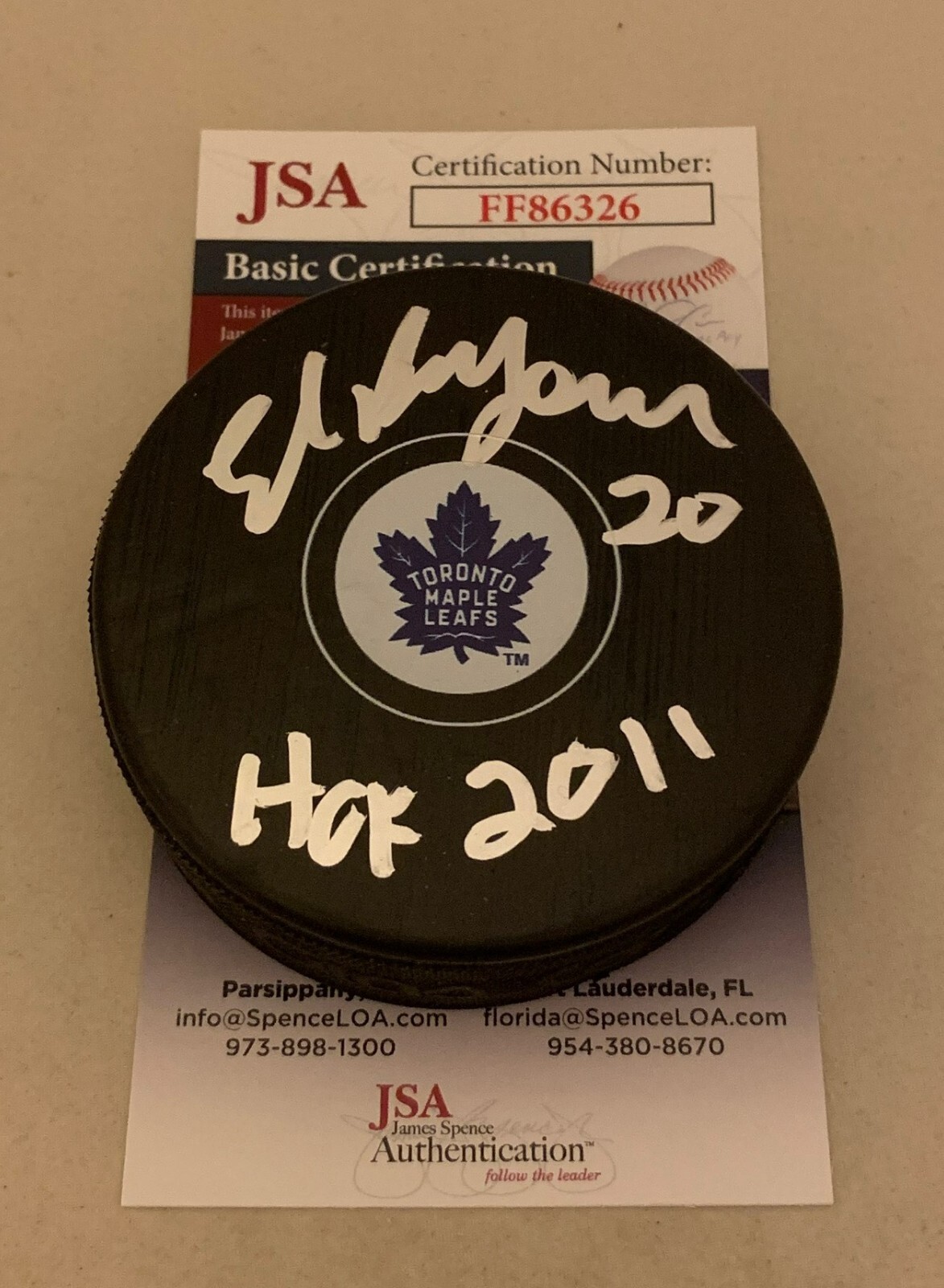 Ed Belfour signed Toronto Maple Leafs Puck autographed HOF Inscription JSA