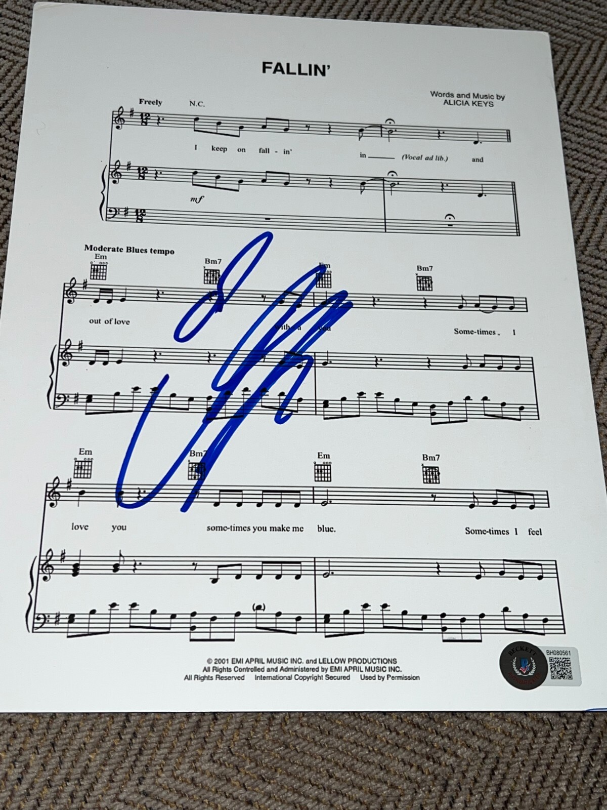 ALICIA KEYS SIGNED AUTOGRAPH SHEET MUSIC GIRL ON FIRE FALLIN BECKETT BAS COA Z3