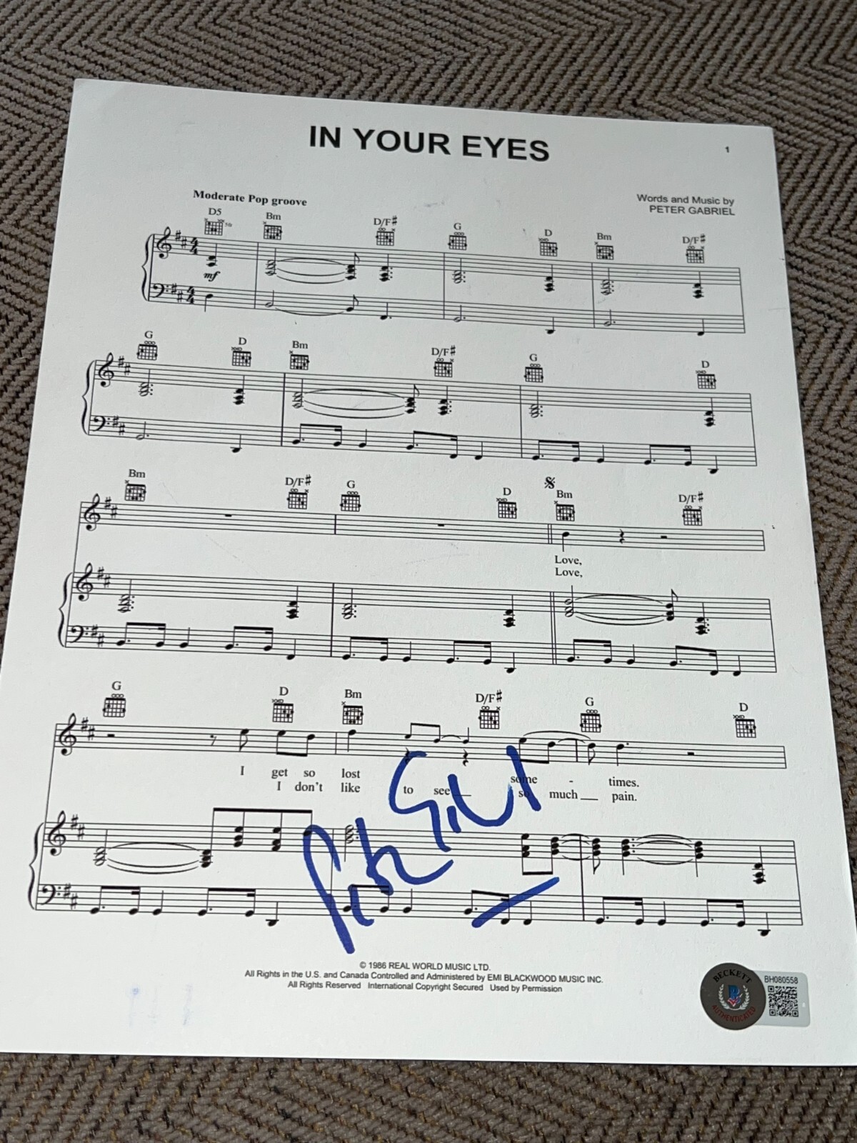 PETER GABRIEL SIGNED AUTOGRAPH SHEET MUSIC IN YOUR EYES BECKETT BAS COA AUTO D