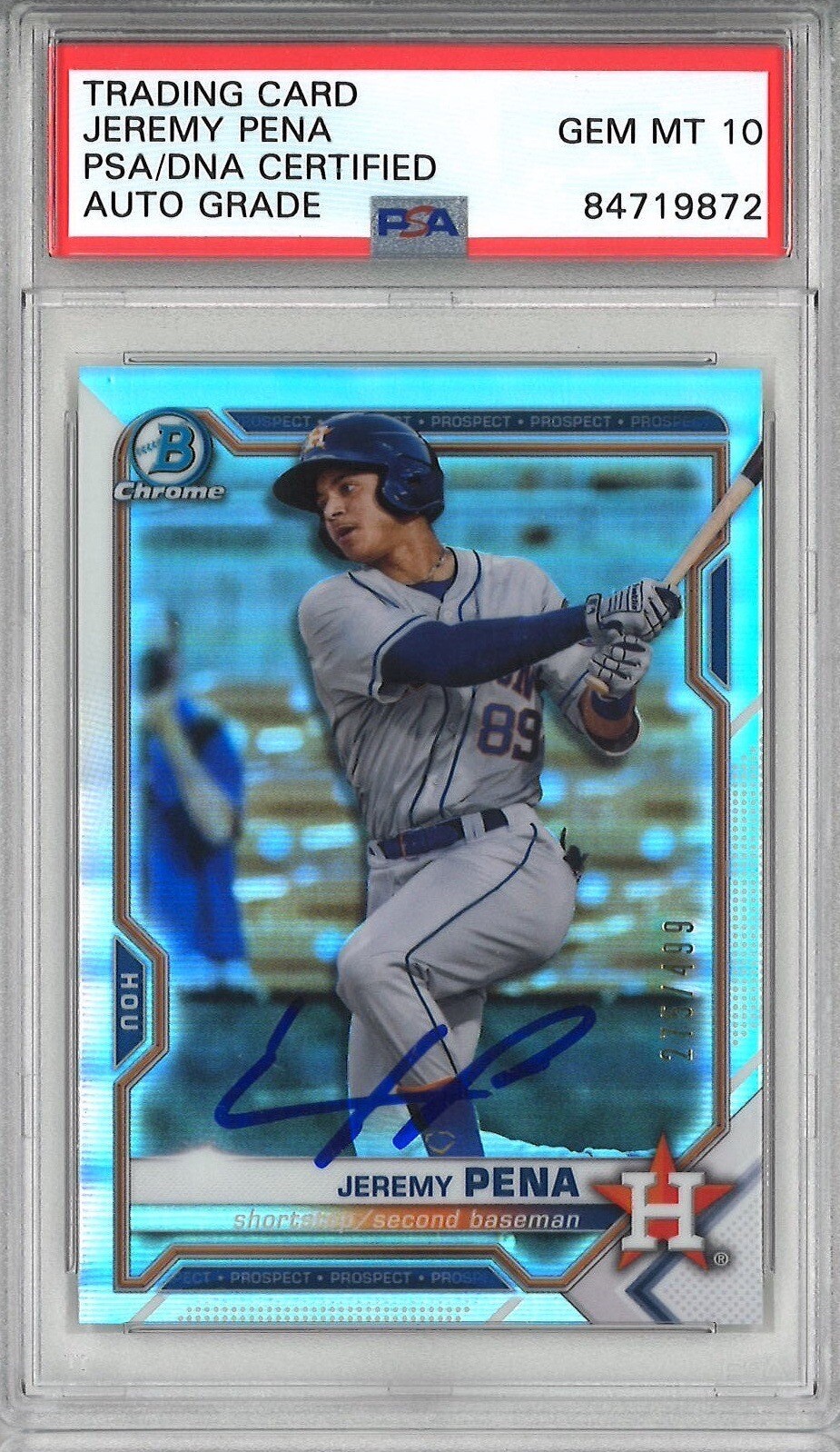 Jeremy Pena Signed 2021 Bowman Chrome BCP-190 #275/499 REFRACTOR GM MT 10 PSA