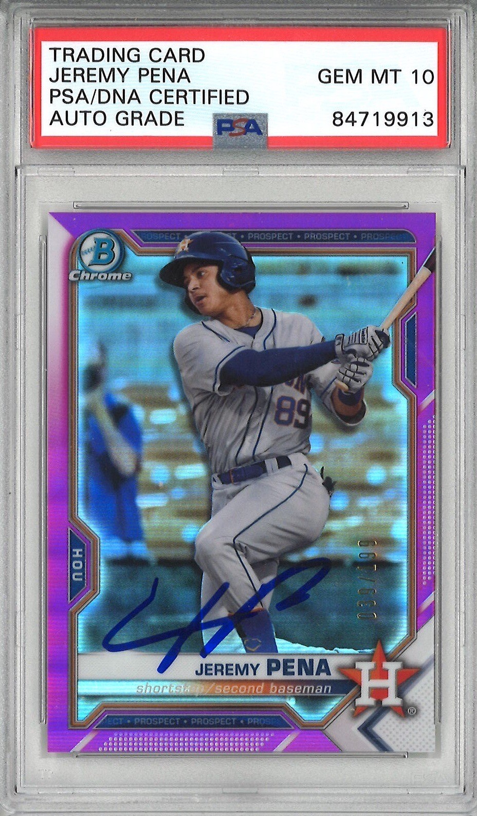 Jeremy Pena Signed 2021 Bowman Chrome BCP-190 #39/199 Fuchsia PSA MINT 10 AUTO