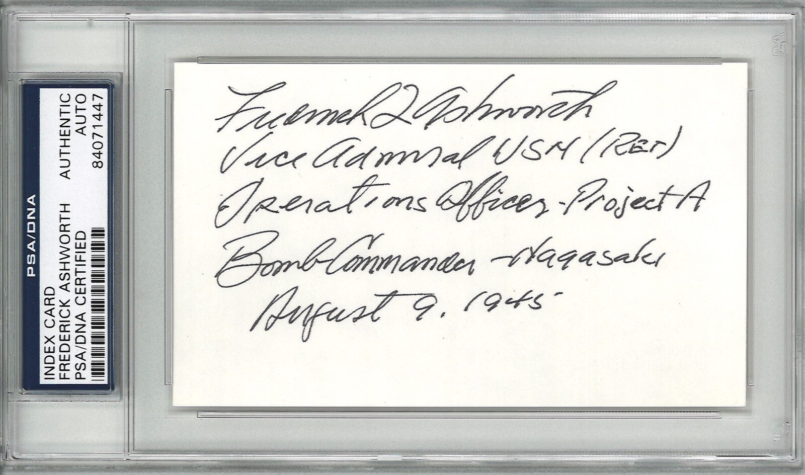 FREDERICK ASHWORTH SIGNED INDEX CARD PSA DNA 84071447 (D) PROJECT ALBERTA