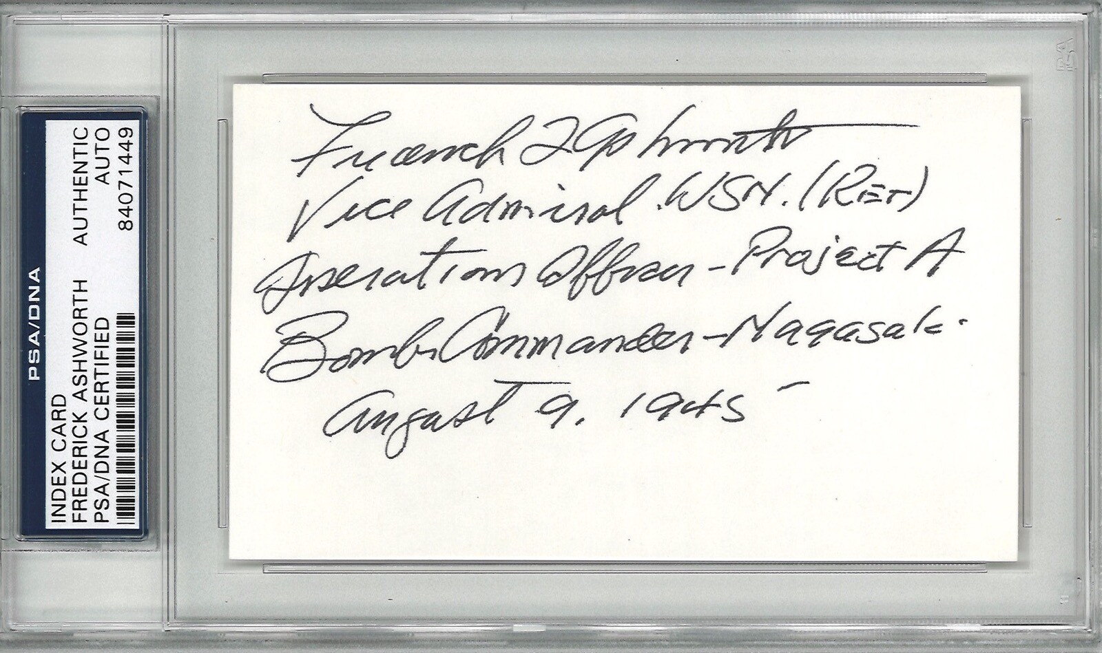 FREDERICK ASHWORTH SIGNED INDEX CARD PSA DNA 84071449 (D) PROJECT ALBERTA