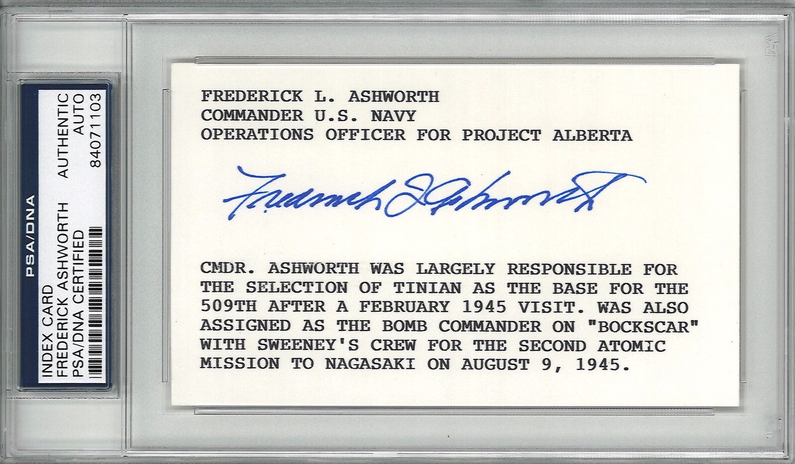 FREDERICK ASHWORTH SIGNED INDEX CARD PSA DNA 84071103 (D) PROJECT ALBERTA