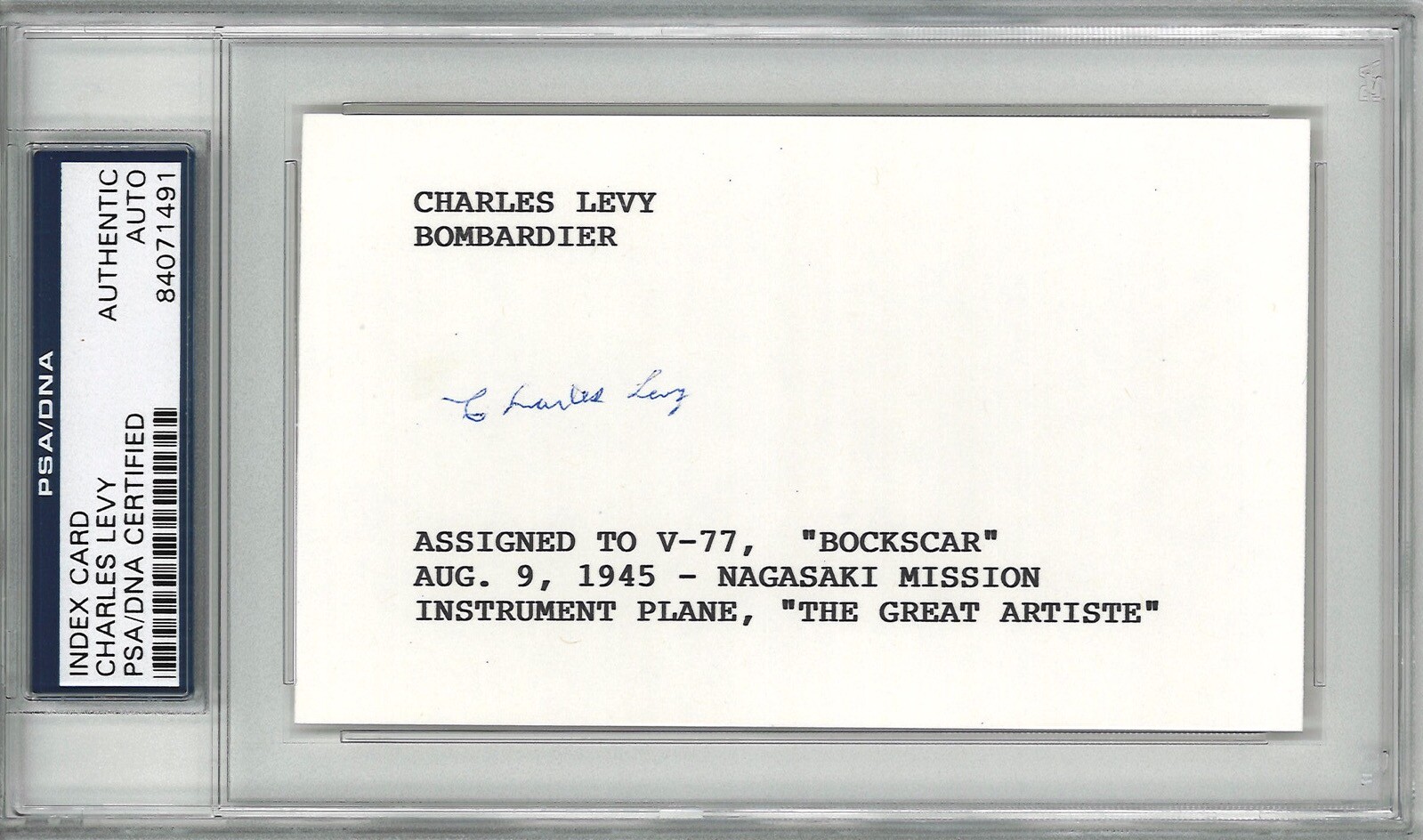 CHARLES LEVY SIGNED INDEX CARD PSA DNA 84071491 (D) BOCKSCAR C-13 RARE AUTO